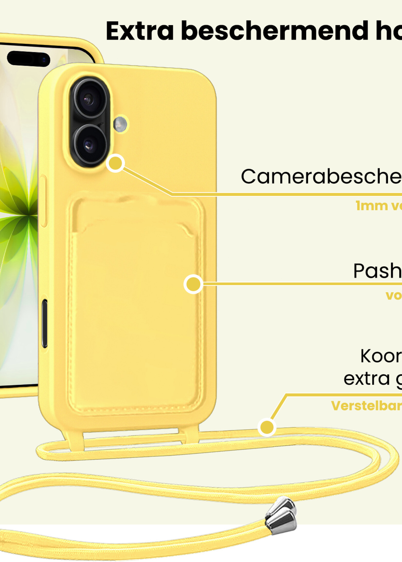 LUQ LUQ iPhone 17 Hoesje Pashouder met Koord Met Screenprotector - Geel
