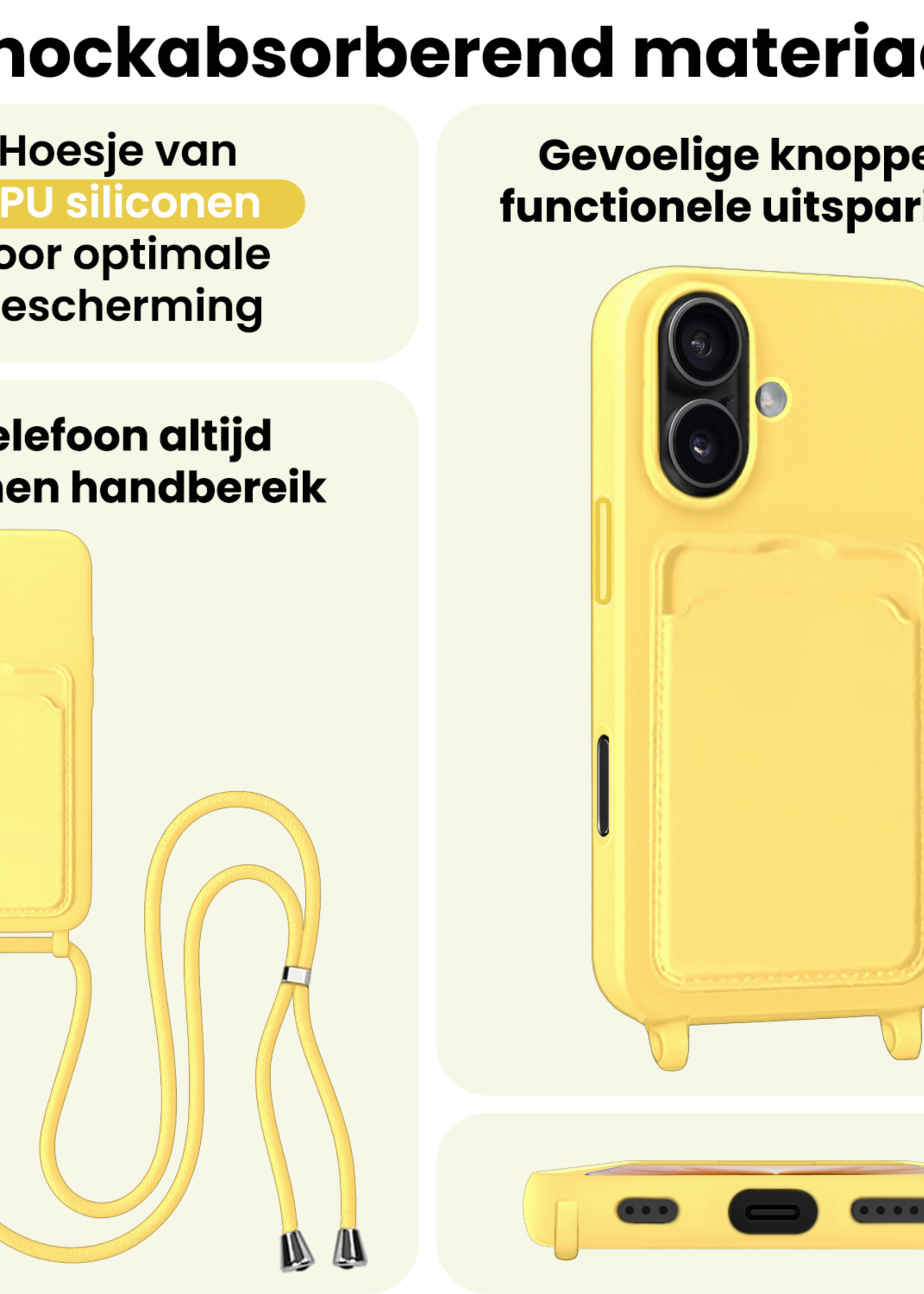 LUQ LUQ iPhone 17 Hoesje Pashouder met Koord Met Screenprotector - Geel
