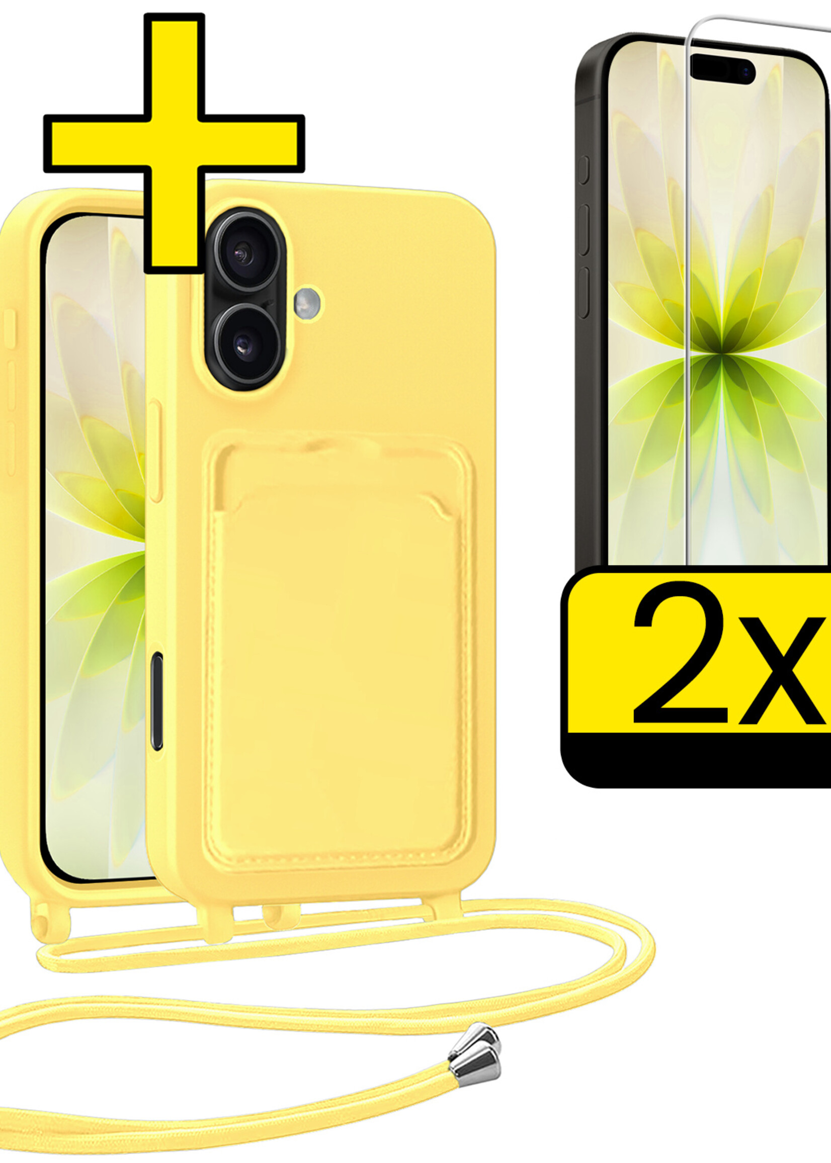 LUQ LUQ iPhone 17 Hoesje Pashouder met Koord Met 2x Screenprotector - Geel