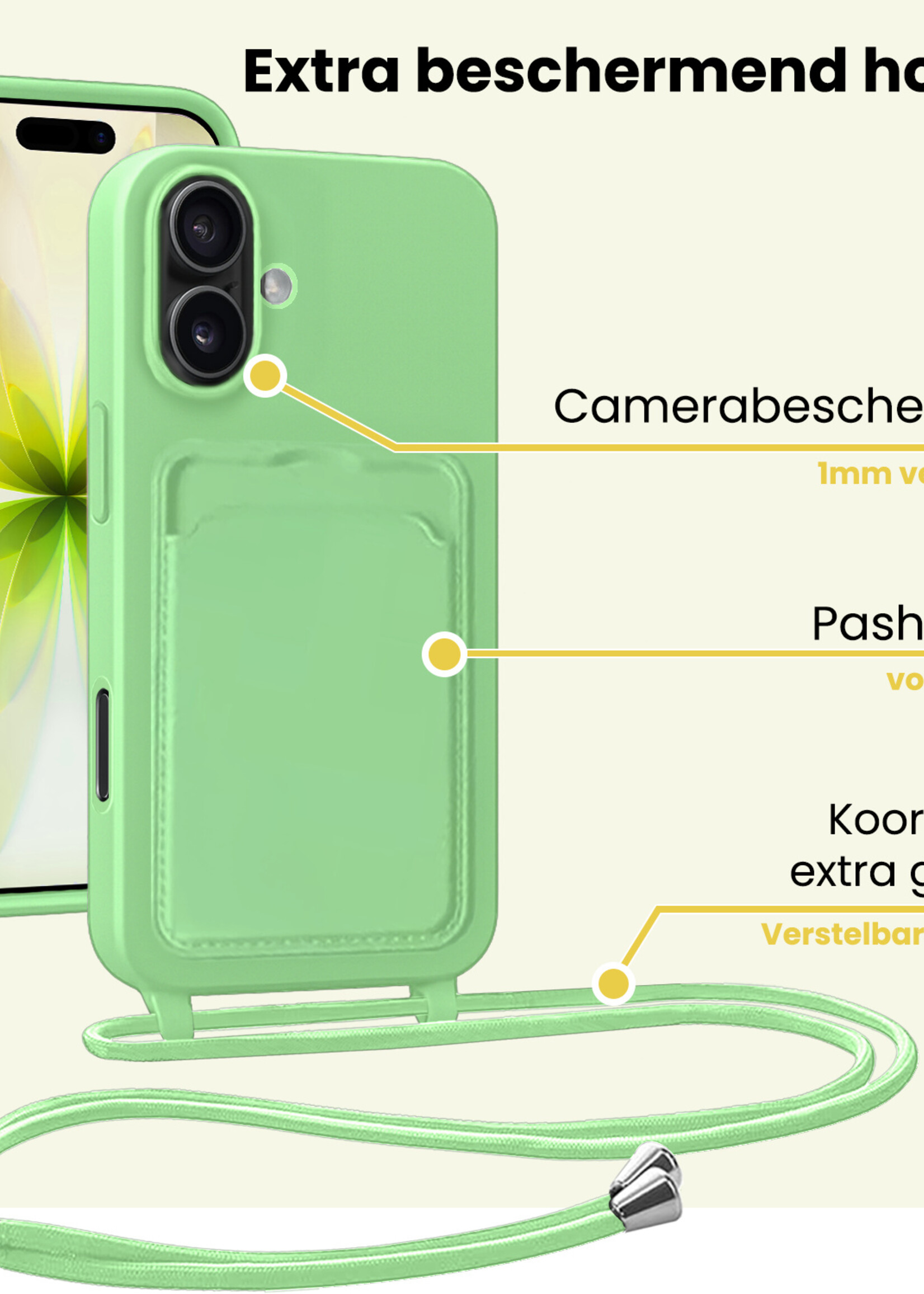 LUQ LUQ iPhone 17 Hoesje Pashouder met Koord Met 2x Screenprotector - Groen
