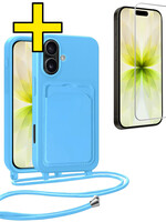 LUQ LUQ iPhone 17 Hoesje Pashouder met Koord Met Screenprotector - Lichtblauw