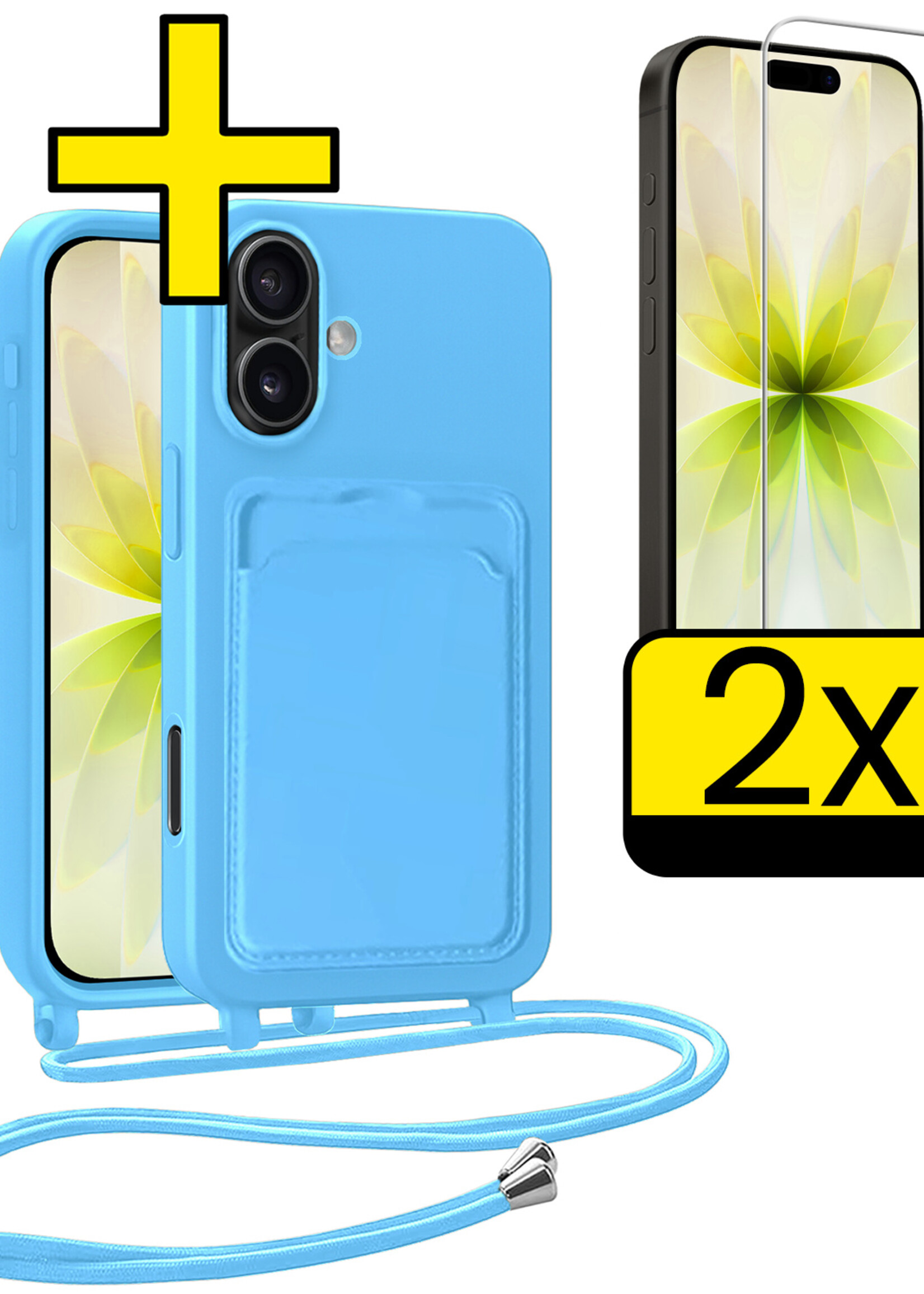 LUQ LUQ iPhone 17 Hoesje Pashouder met Koord Met 2x Screenprotector - Lichtblauw