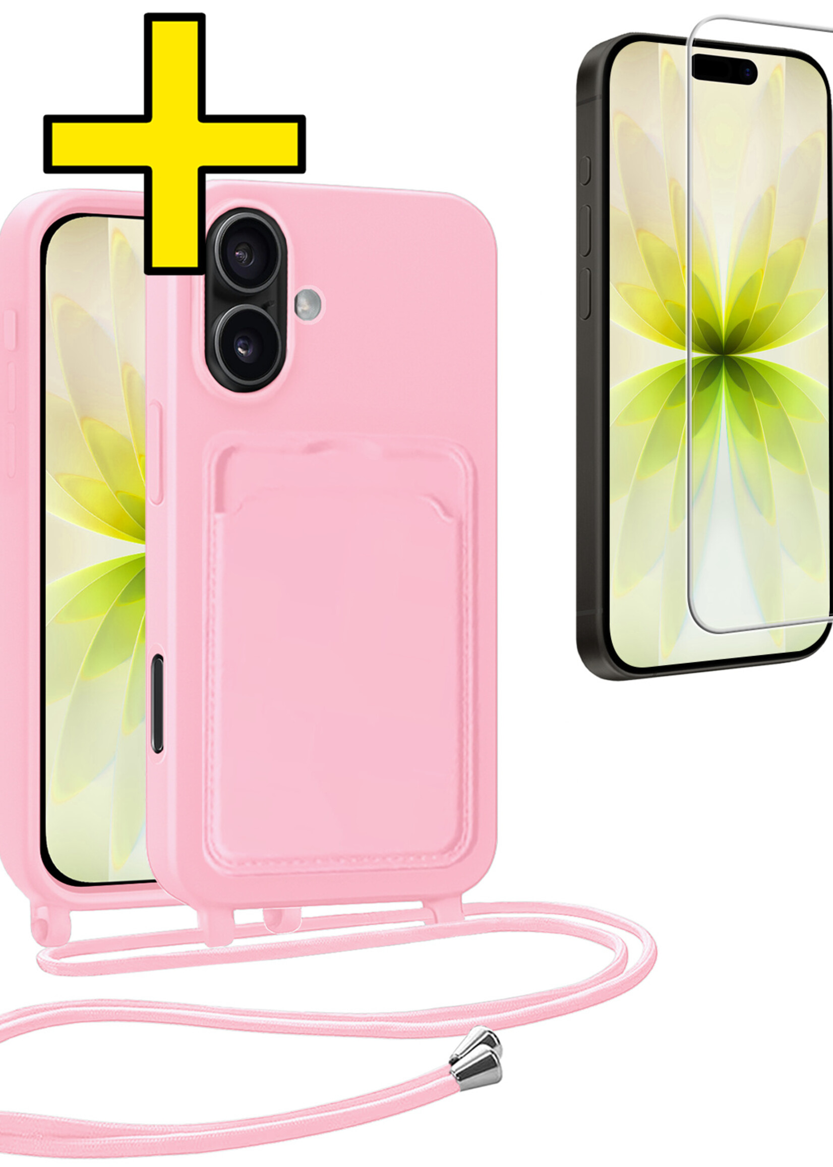 LUQ LUQ iPhone 17 Hoesje Pashouder met Koord Met Screenprotector - Lichtroze