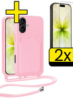 LUQ LUQ iPhone 17 Hoesje Pashouder met Koord Met 2x Screenprotector - Lichtroze