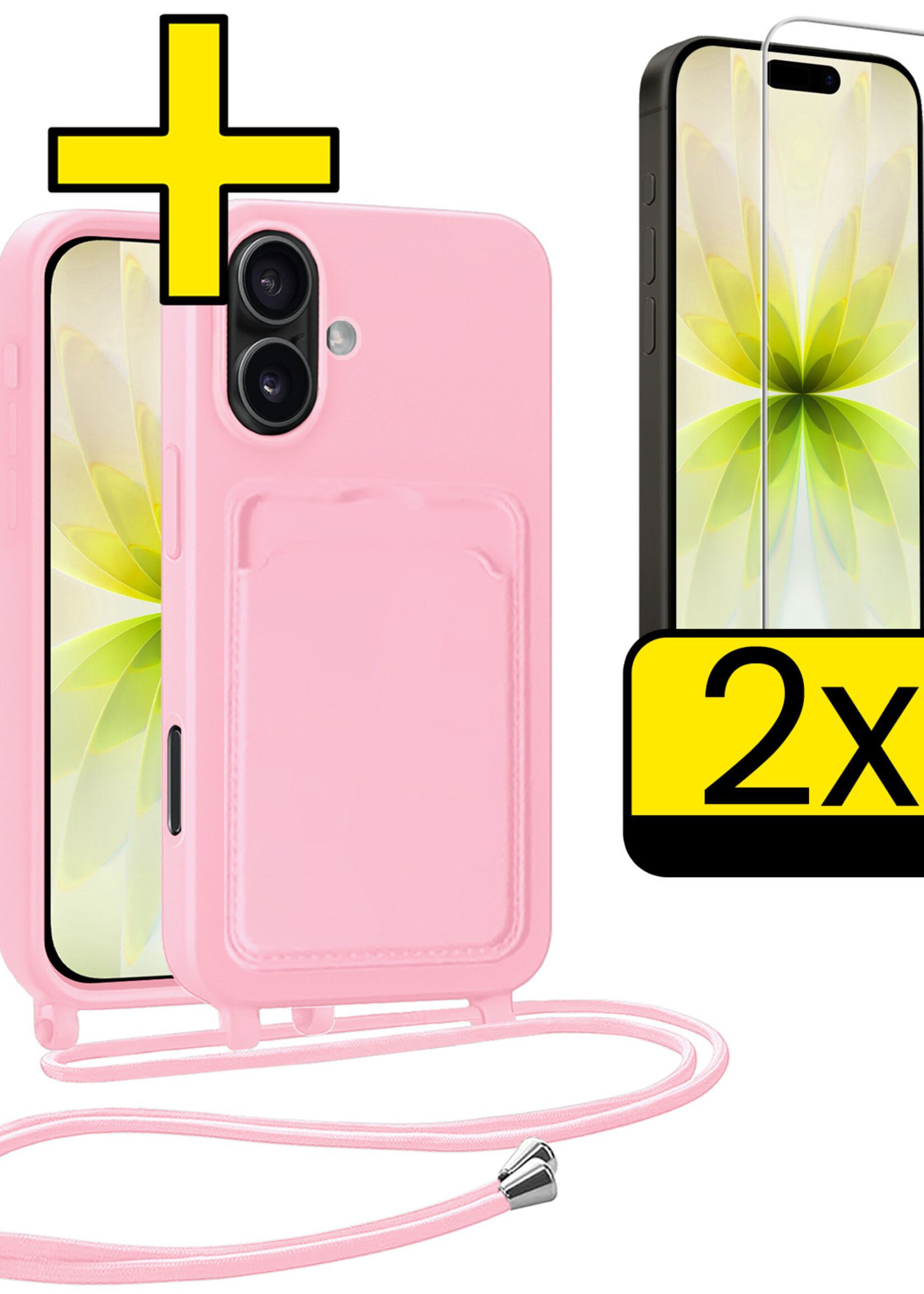 LUQ LUQ iPhone 17 Hoesje Pashouder met Koord Met 2x Screenprotector - Lichtroze