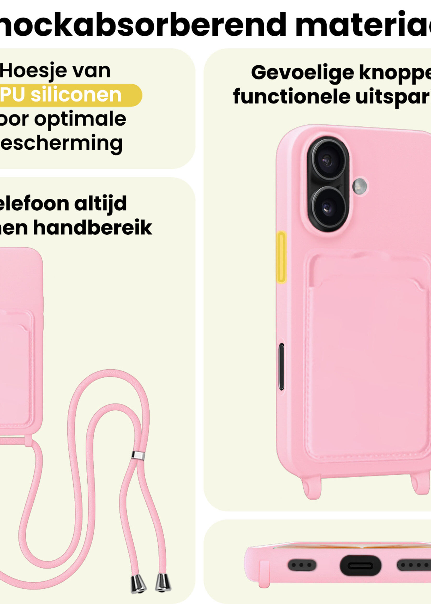 LUQ LUQ iPhone 17 Hoesje Pashouder met Koord Met 2x Screenprotector - Lichtroze