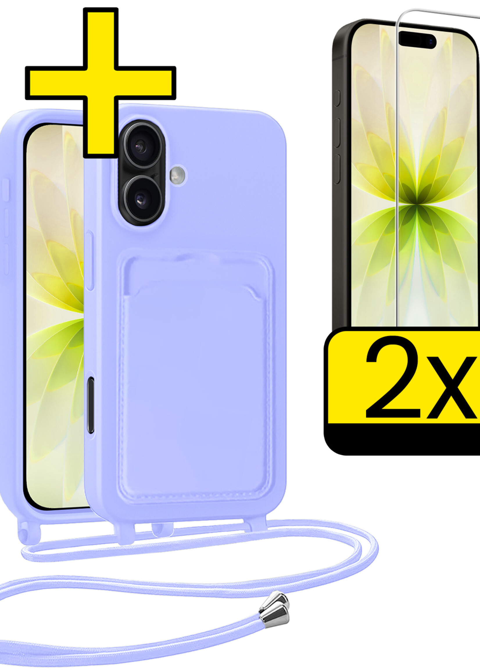 LUQ LUQ iPhone 17 Hoesje Pashouder met Koord Met 2x Screenprotector - Lila