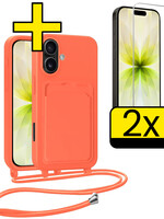LUQ LUQ iPhone 17 Hoesje Pashouder met Koord Met 2x Screenprotector - Papaya