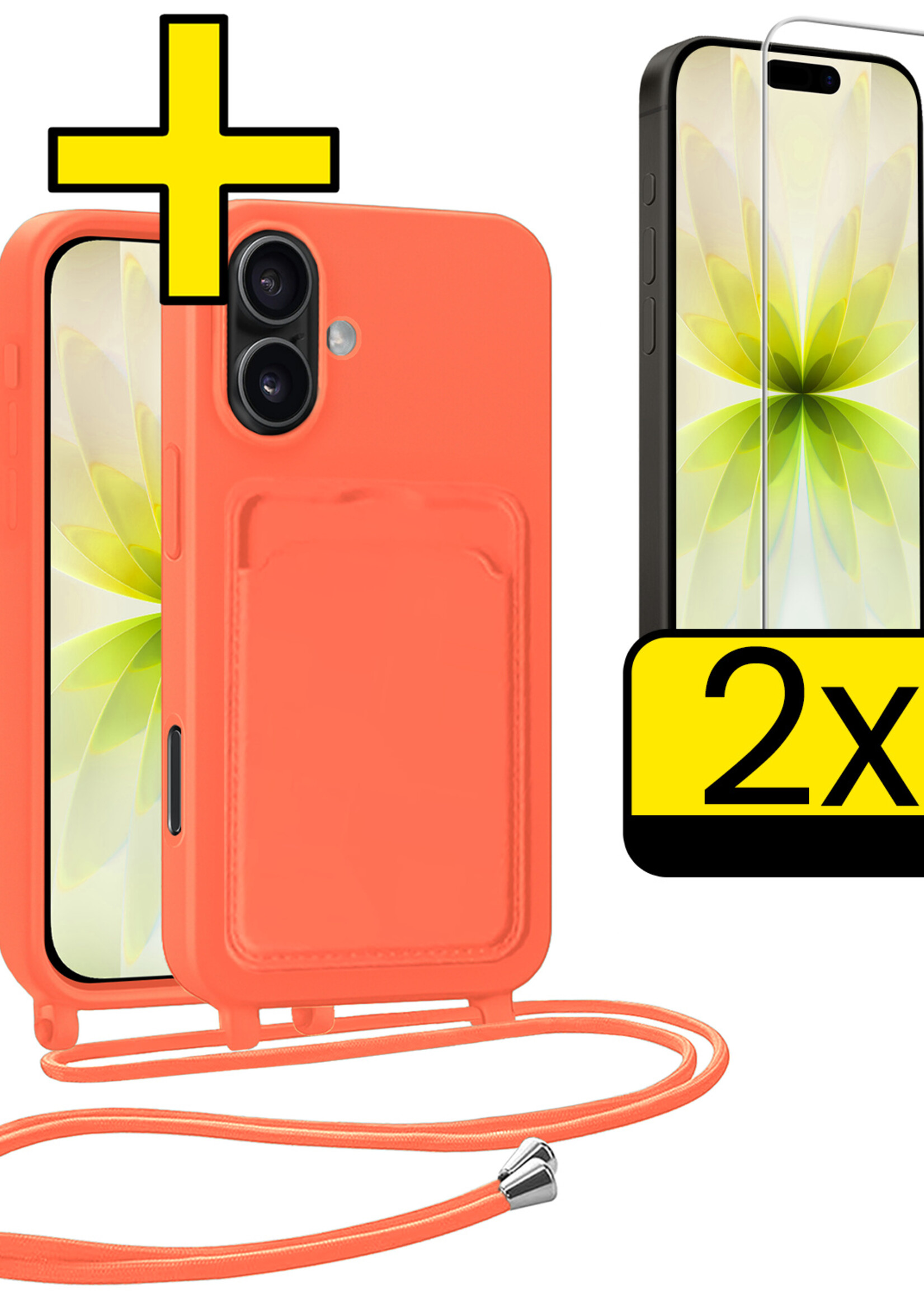 LUQ LUQ iPhone 17 Hoesje Pashouder met Koord Met 2x Screenprotector - Papaya