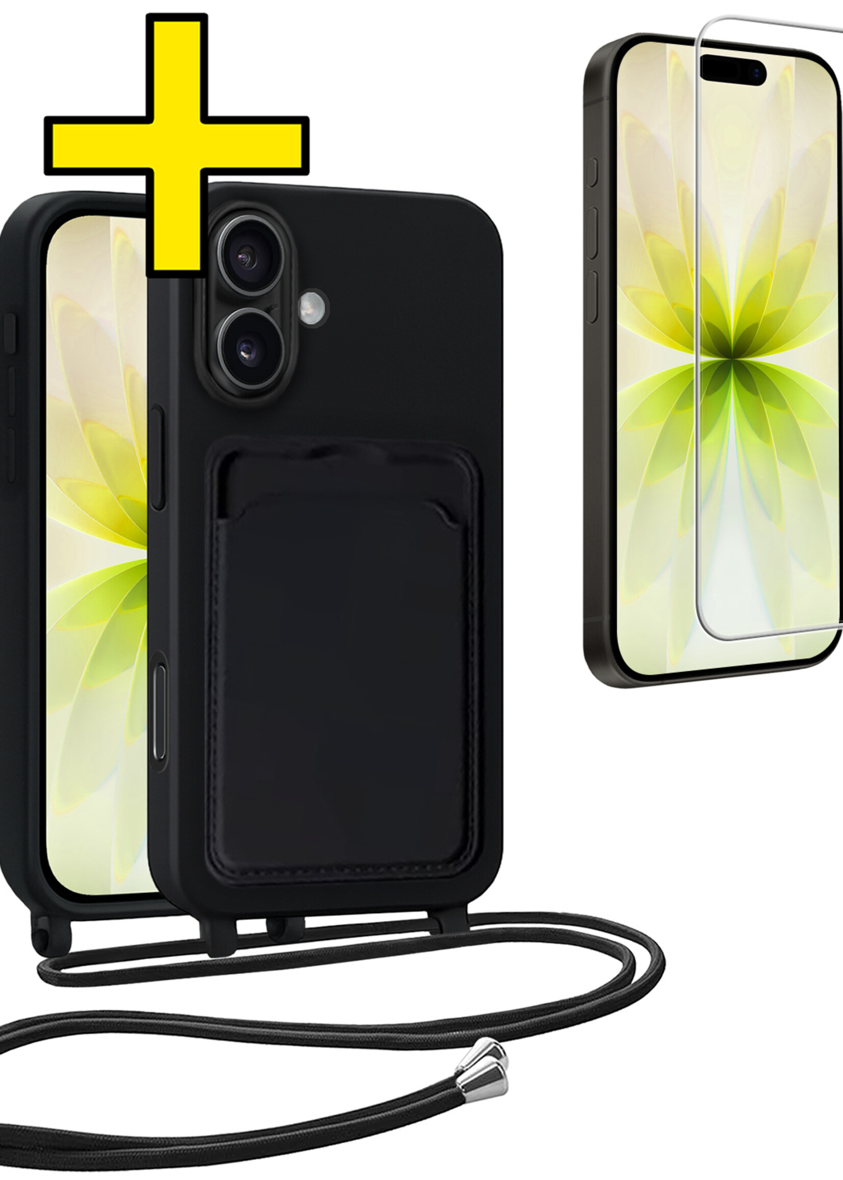 LUQ LUQ iPhone 17 Hoesje Pashouder met Koord Met Screenprotector - Zwart