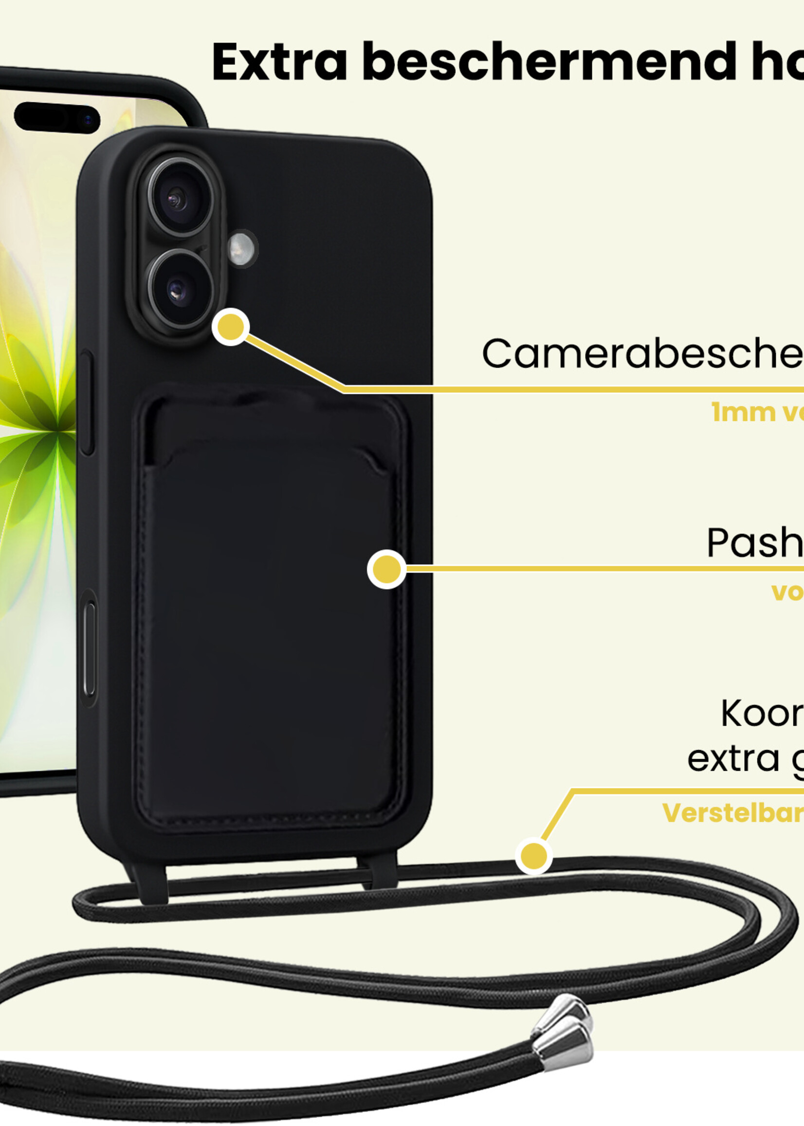 LUQ LUQ iPhone 17 Hoesje Pashouder met Koord Met Screenprotector - Zwart