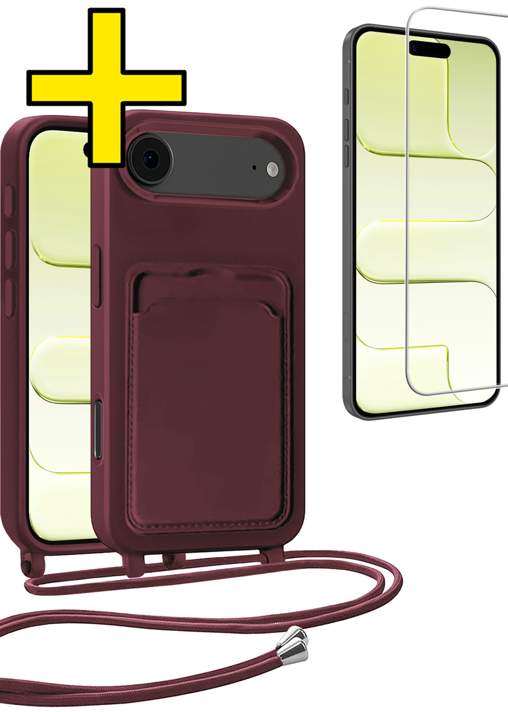 LUQ LUQ iPhone Air Hoesje Pashouder met Koord Met Screenprotector - Aubergine
