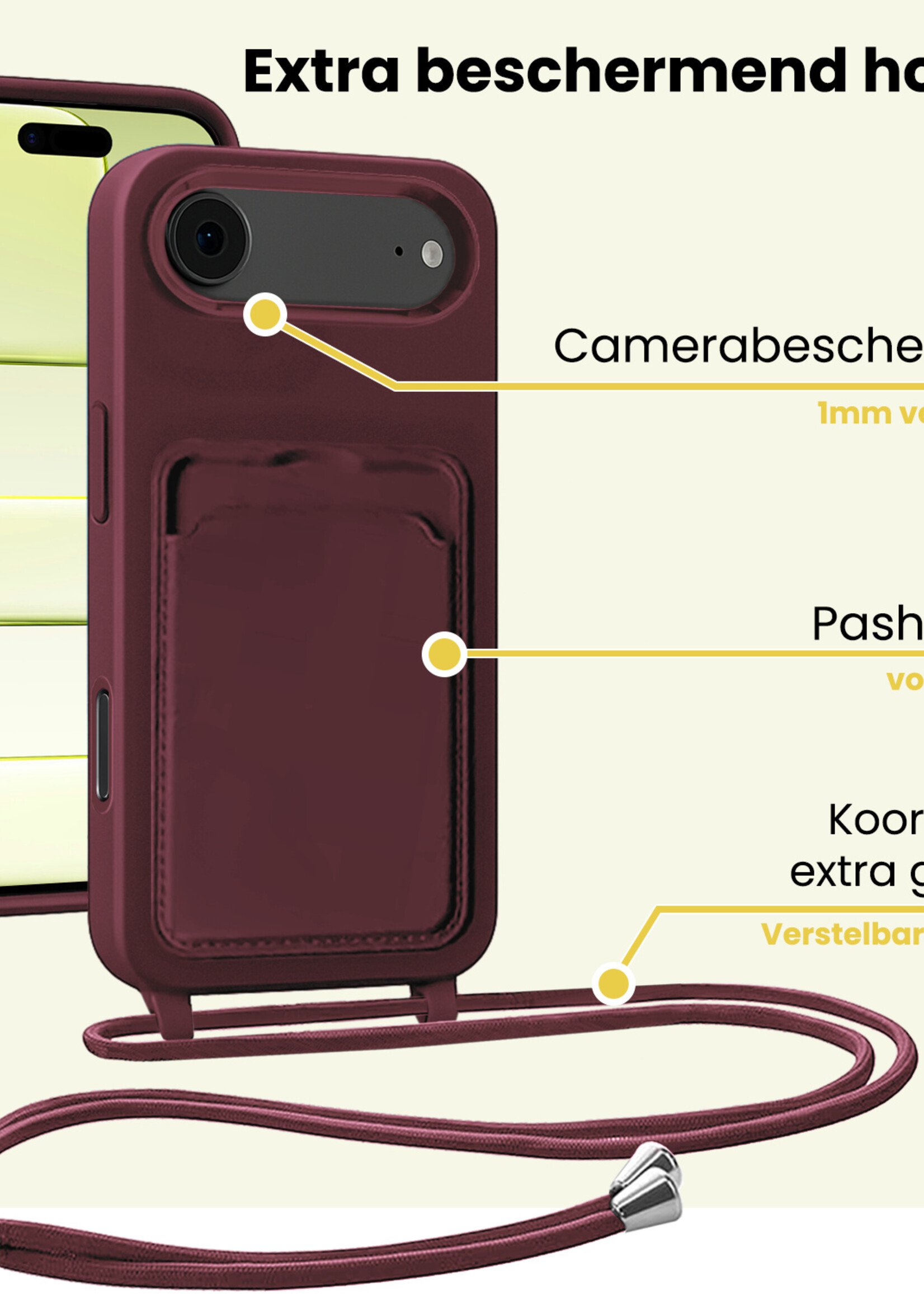 LUQ LUQ iPhone Air Hoesje Pashouder met Koord Met Screenprotector - Aubergine