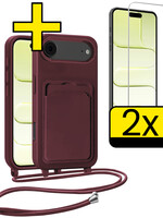 LUQ LUQ iPhone Air Hoesje Pashouder met Koord Met 2x Screenprotector - Aubergine