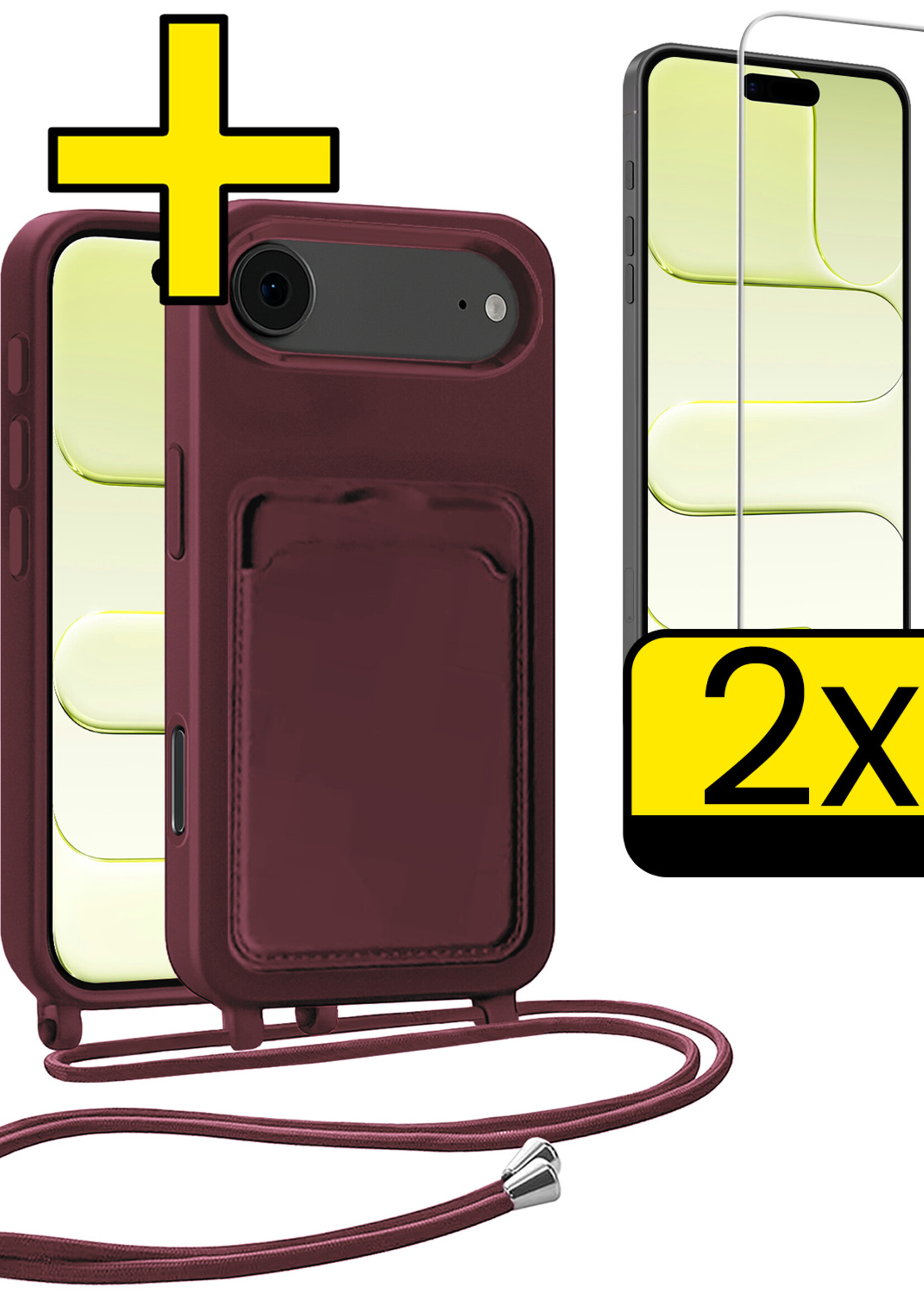 LUQ LUQ iPhone Air Hoesje Pashouder met Koord Met 2x Screenprotector - Aubergine