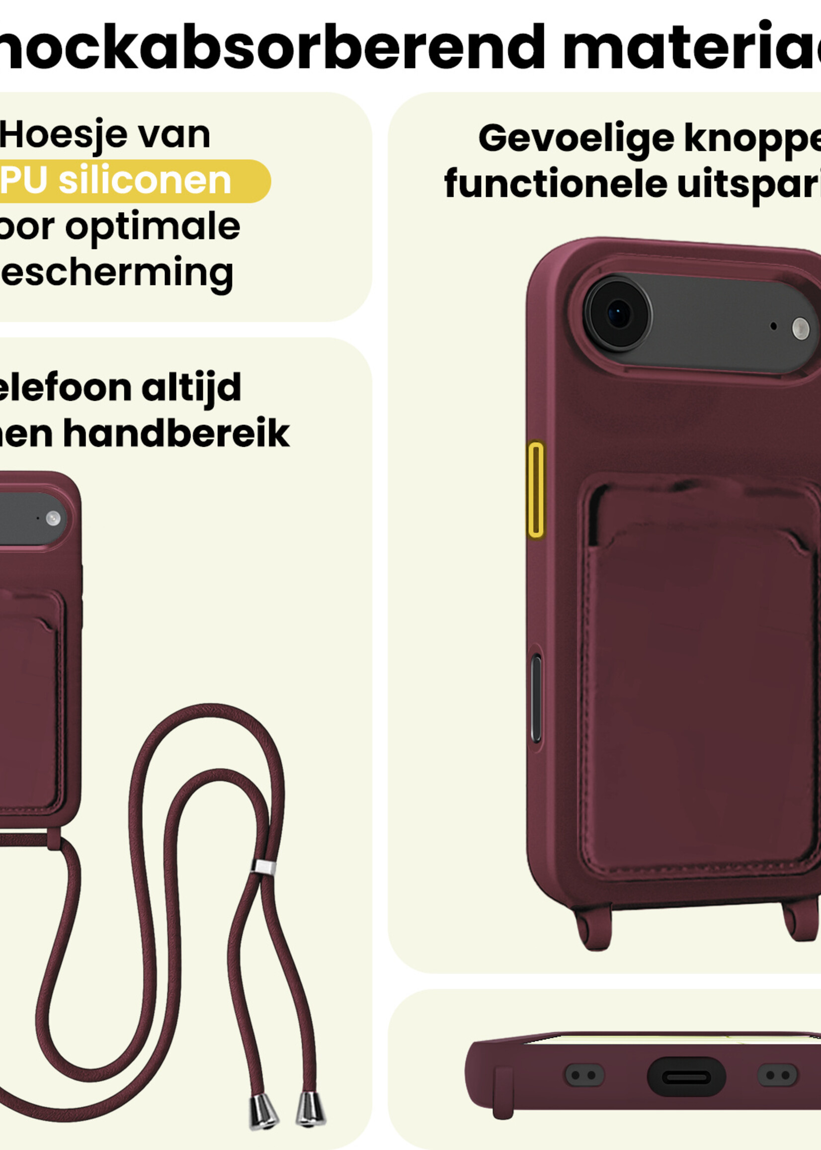 LUQ LUQ iPhone Air Hoesje Pashouder met Koord Met 2x Screenprotector - Aubergine