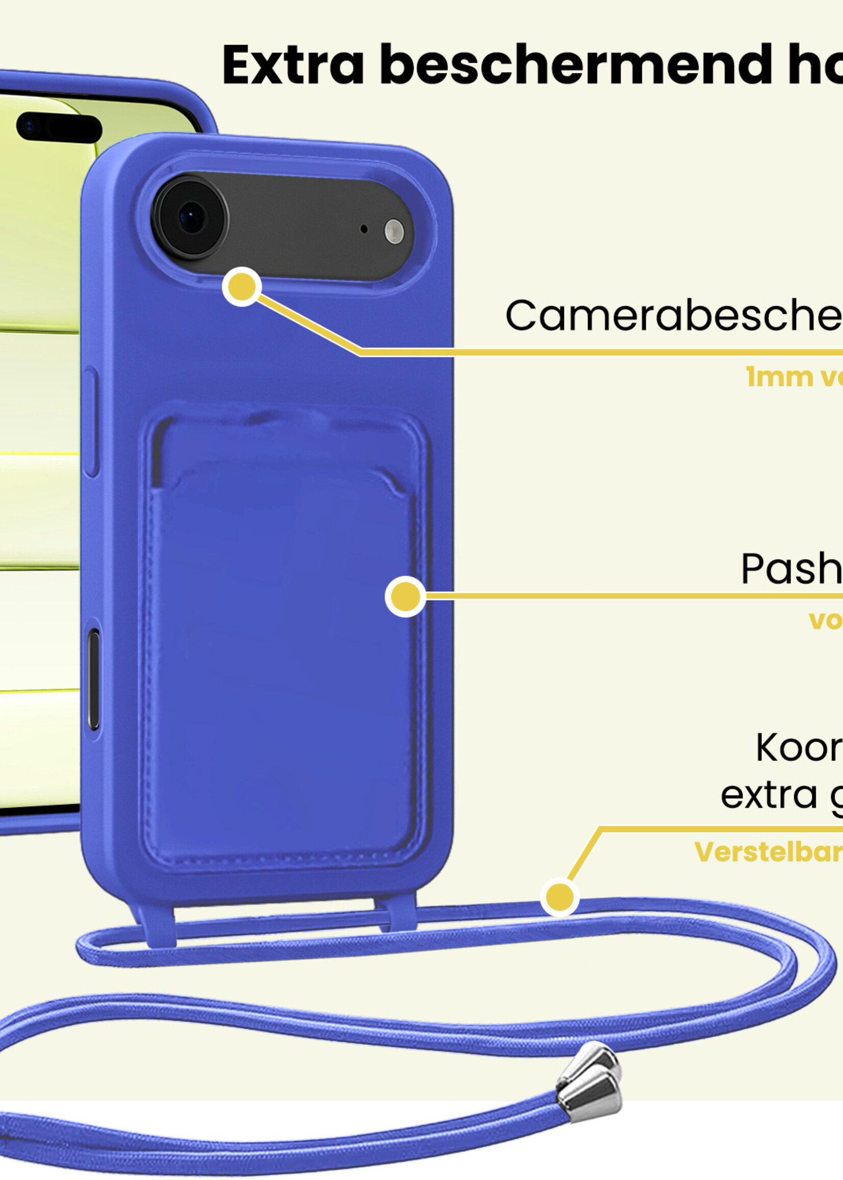 LUQ LUQ iPhone Air Hoesje Pashouder met Koord Met 2x Screenprotector - Fel Blauw