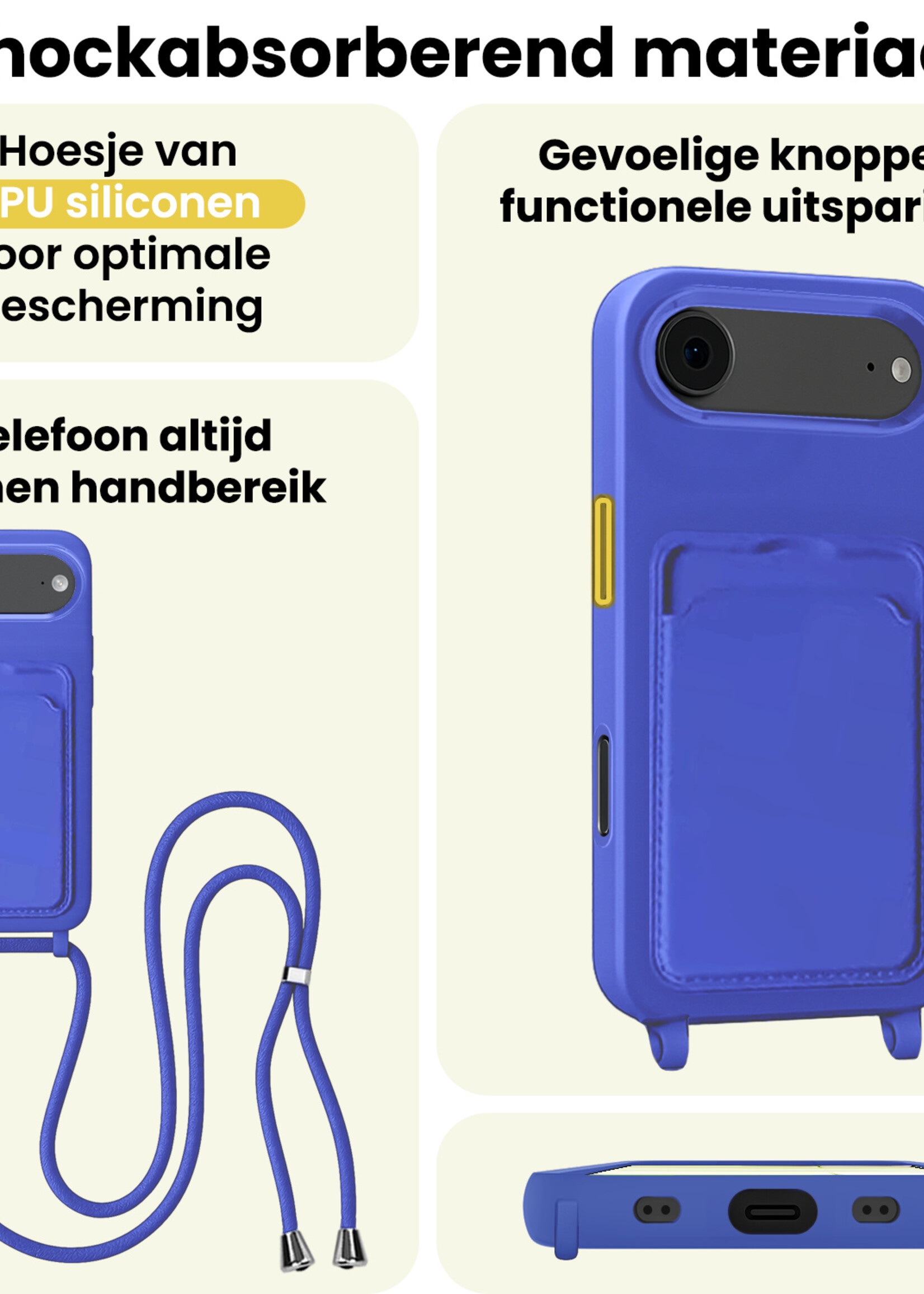 LUQ LUQ iPhone Air Hoesje Pashouder met Koord Met 2x Screenprotector - Fel Blauw