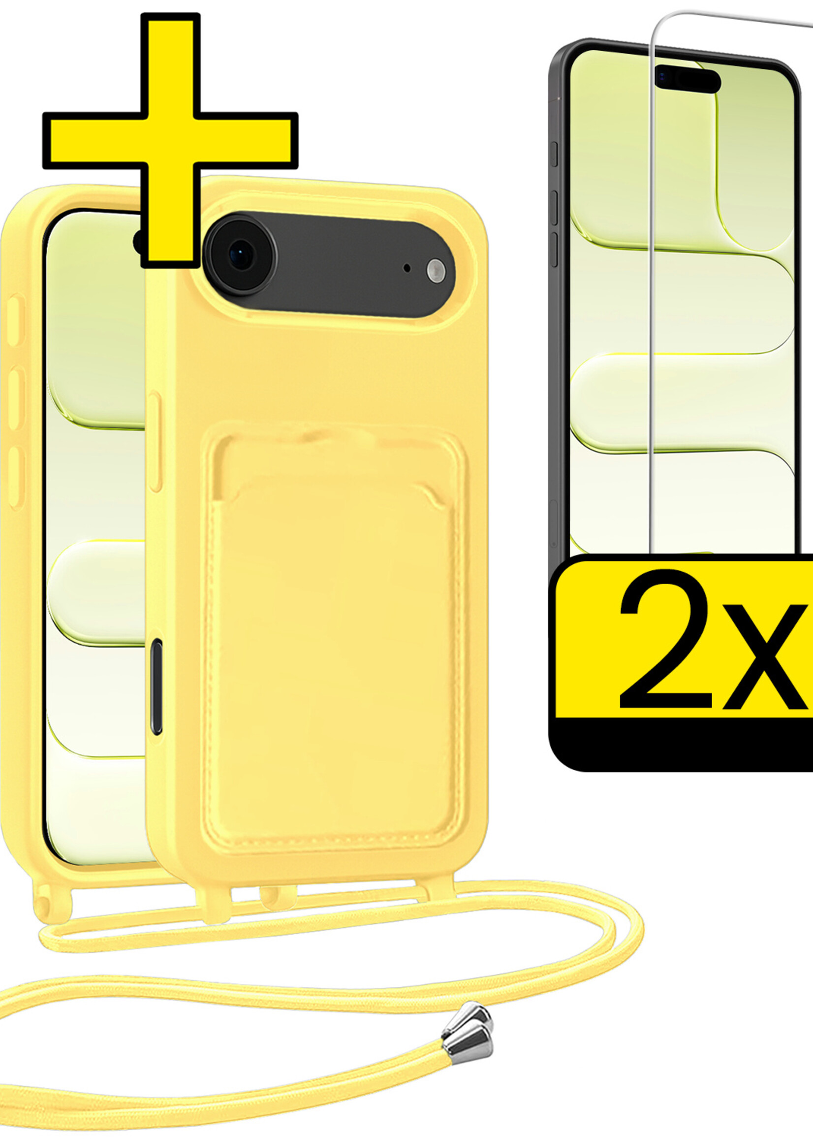 LUQ LUQ iPhone Air Hoesje Pashouder met Koord Met 2x Screenprotector - Geel