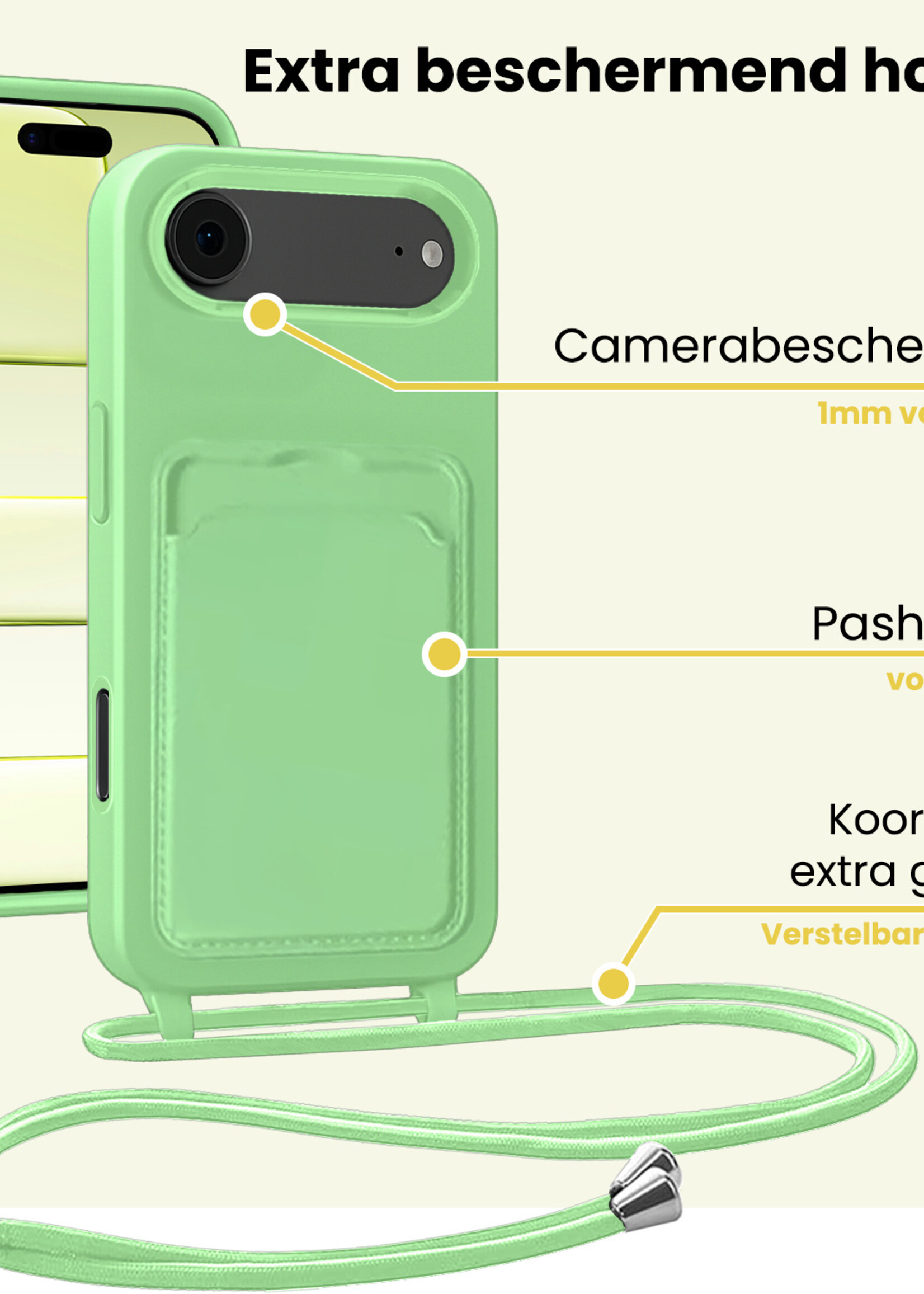 LUQ LUQ iPhone Air Hoesje Pashouder met Koord Met Screenprotector - Groen