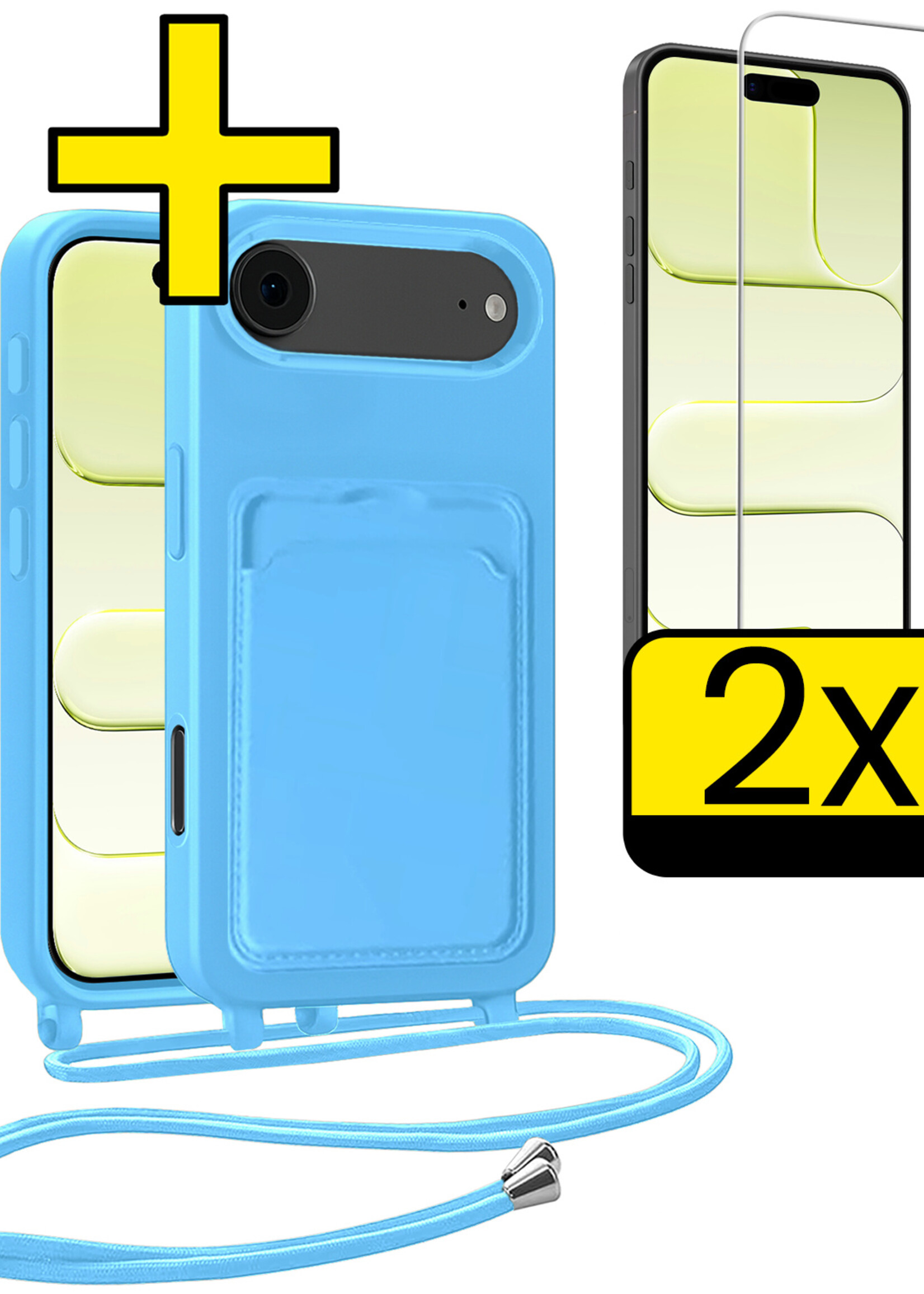 LUQ LUQ iPhone Air Hoesje Pashouder met Koord Met 2x Screenprotector - Lichtblauw