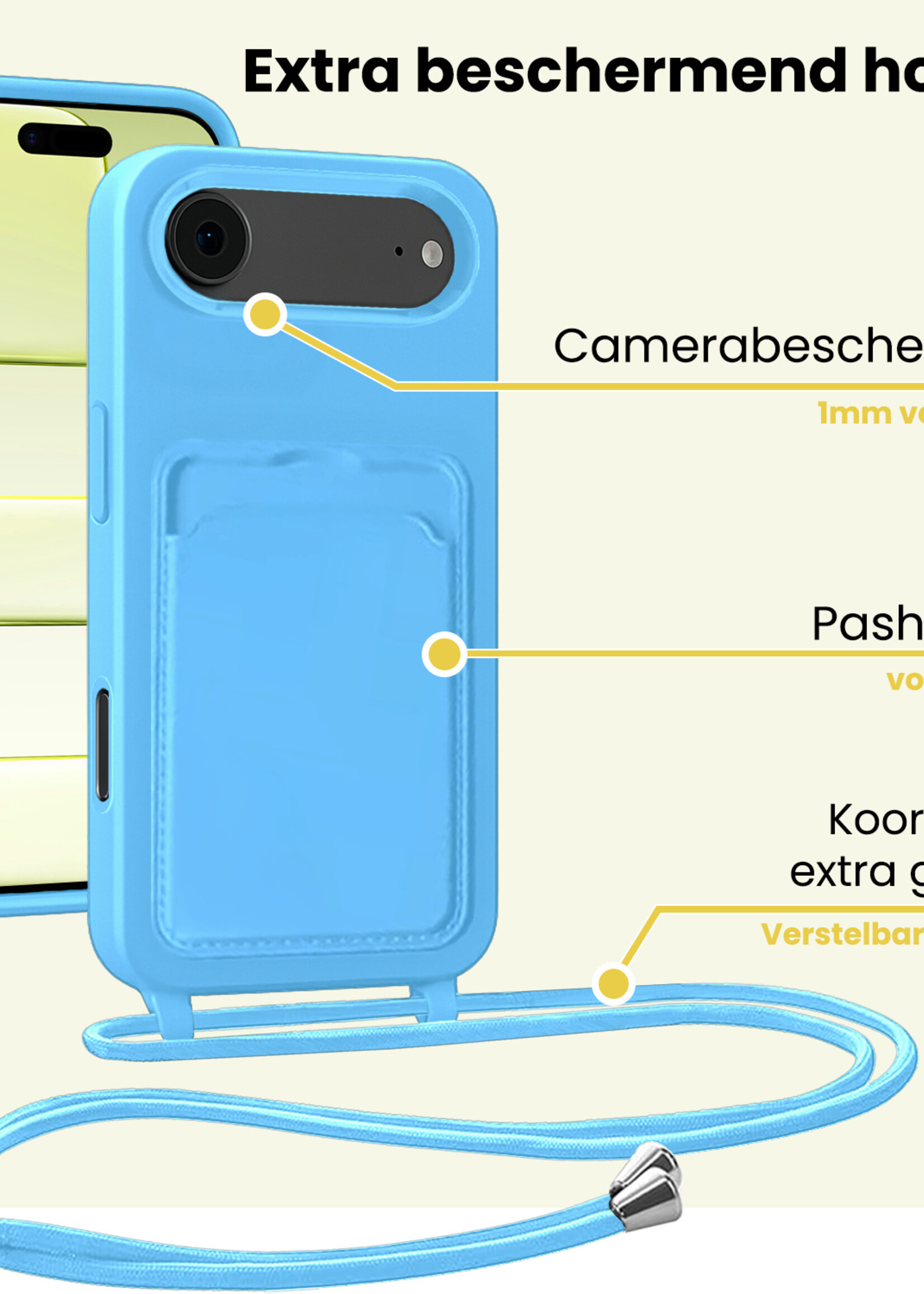 LUQ LUQ iPhone Air Hoesje Pashouder met Koord Met 2x Screenprotector - Lichtblauw
