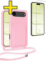 LUQ LUQ iPhone Air Hoesje Pashouder met Koord Met Screenprotector - Lichtroze