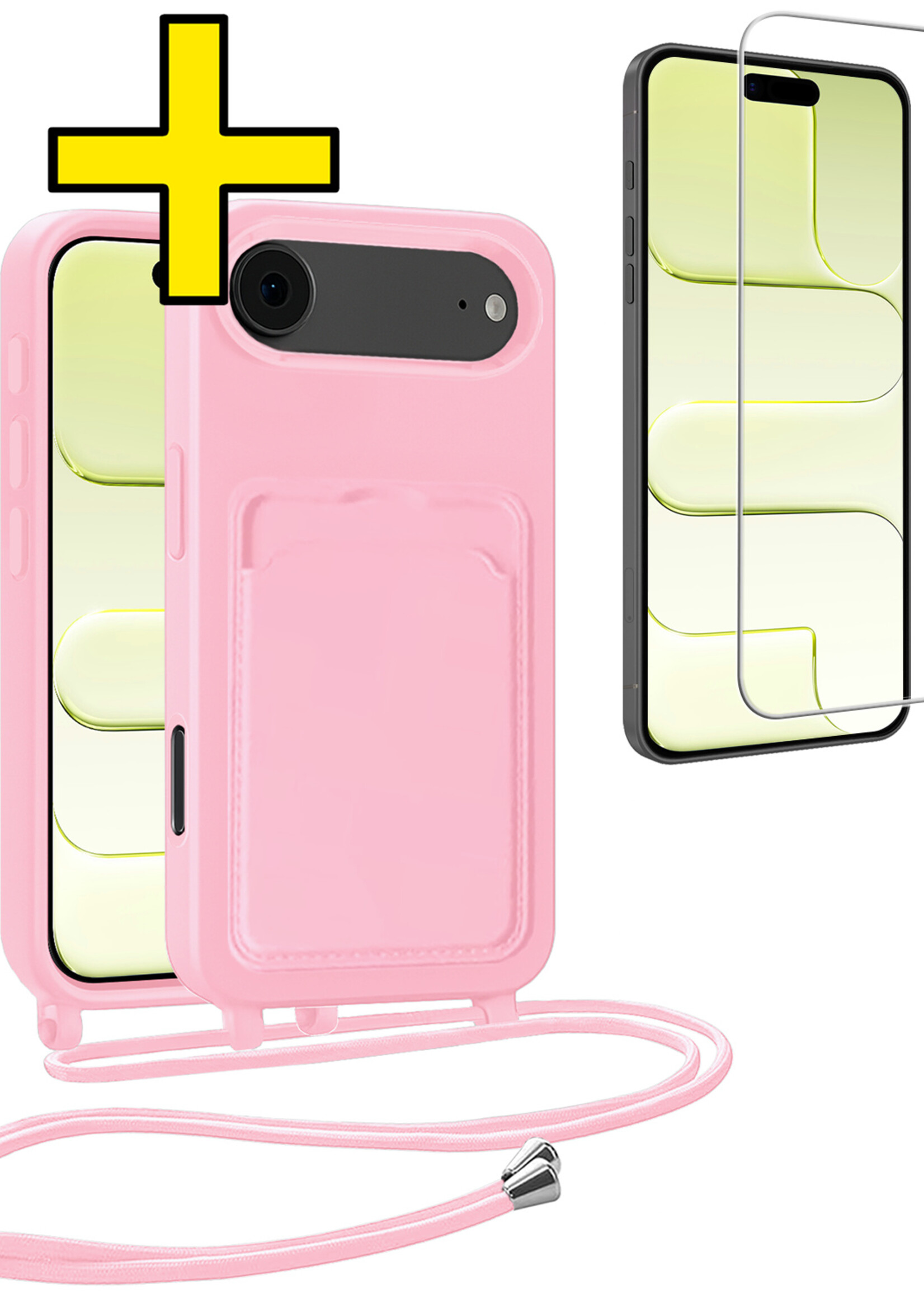 LUQ LUQ iPhone Air Hoesje Pashouder met Koord Met Screenprotector - Lichtroze