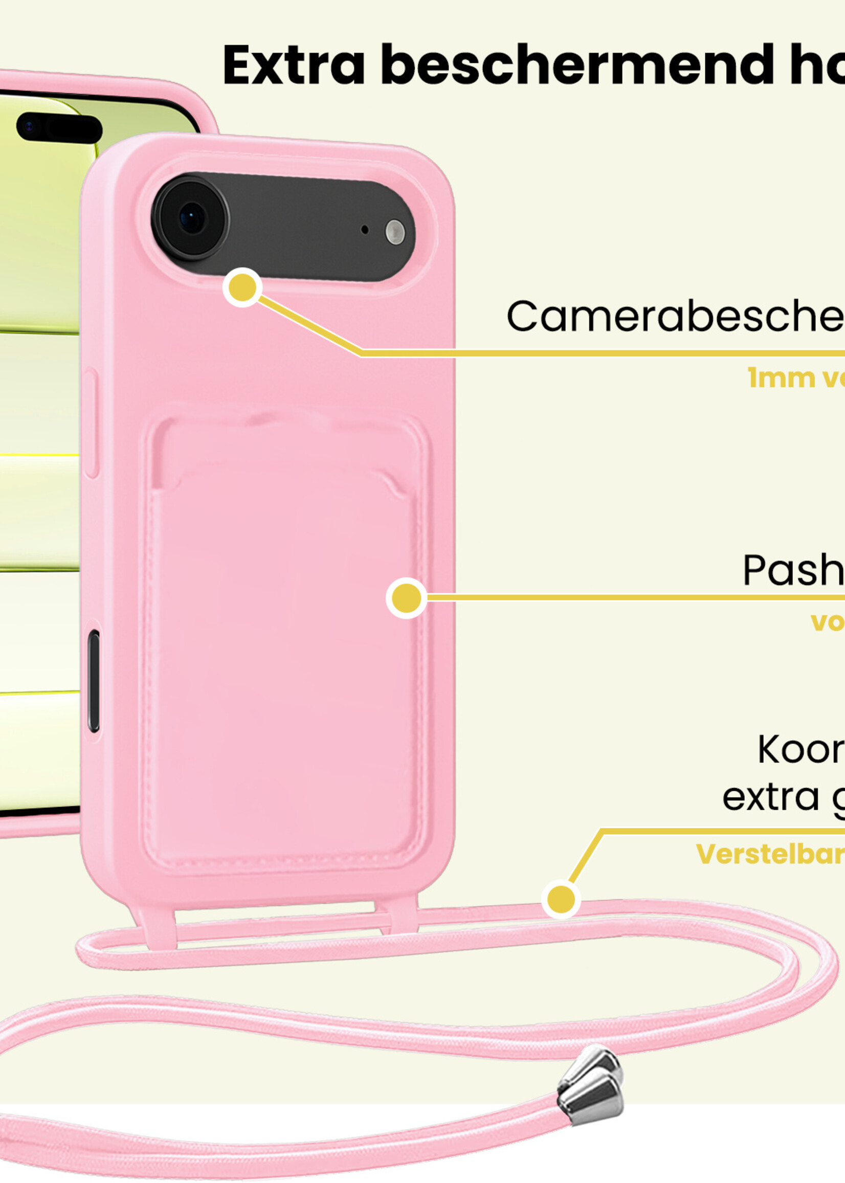 LUQ LUQ iPhone Air Hoesje Pashouder met Koord Met Screenprotector - Lichtroze