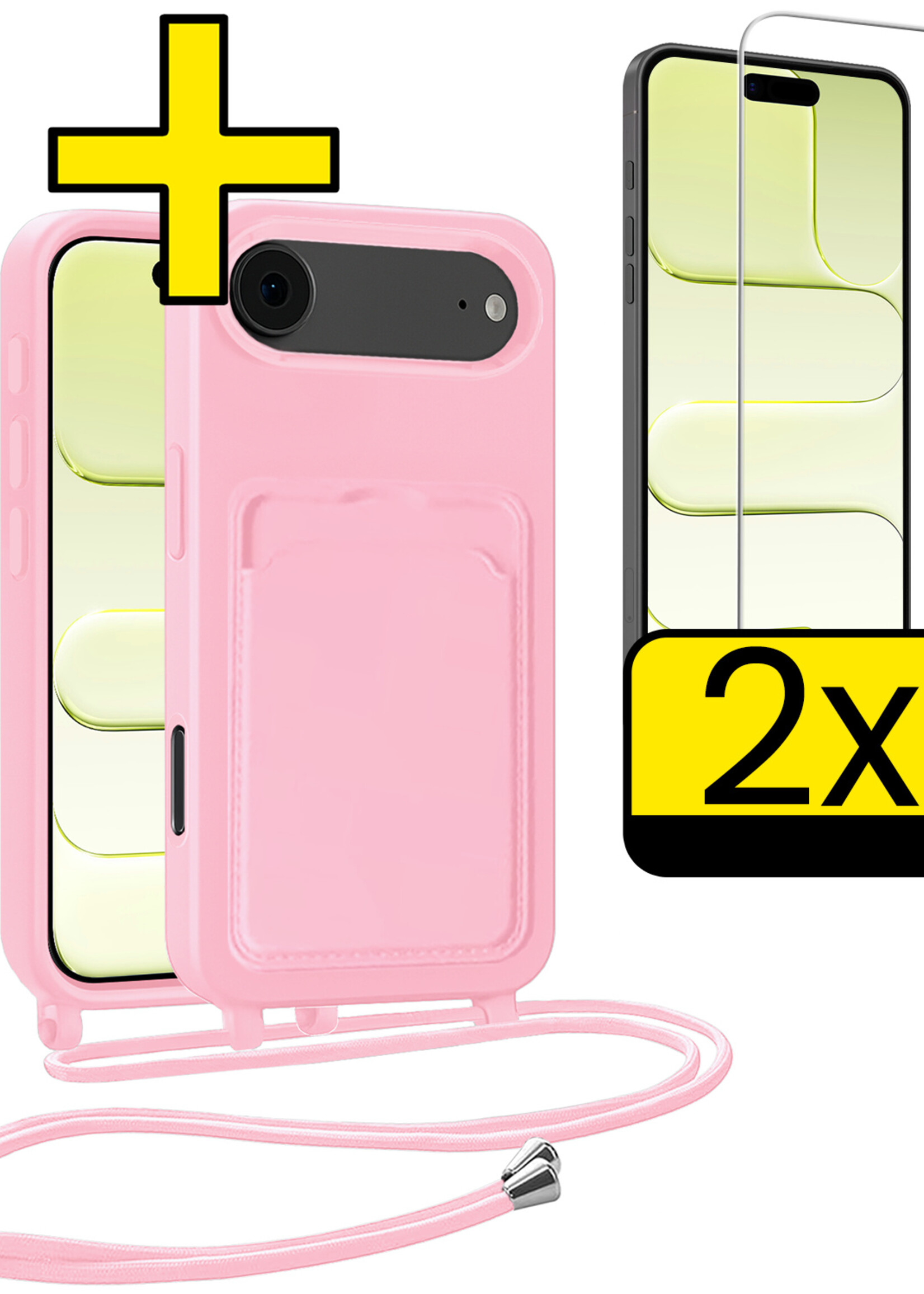 LUQ LUQ iPhone Air Hoesje Pashouder met Koord Met 2x Screenprotector - Lichtroze