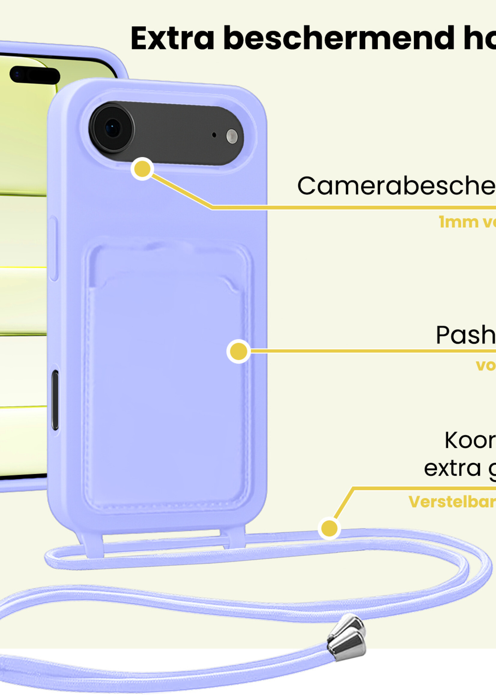 LUQ LUQ iPhone Air Hoesje Pashouder met Koord Met Screenprotector - Lila