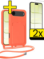LUQ LUQ iPhone Air Hoesje Pashouder met Koord Met 2x Screenprotector - Papaya