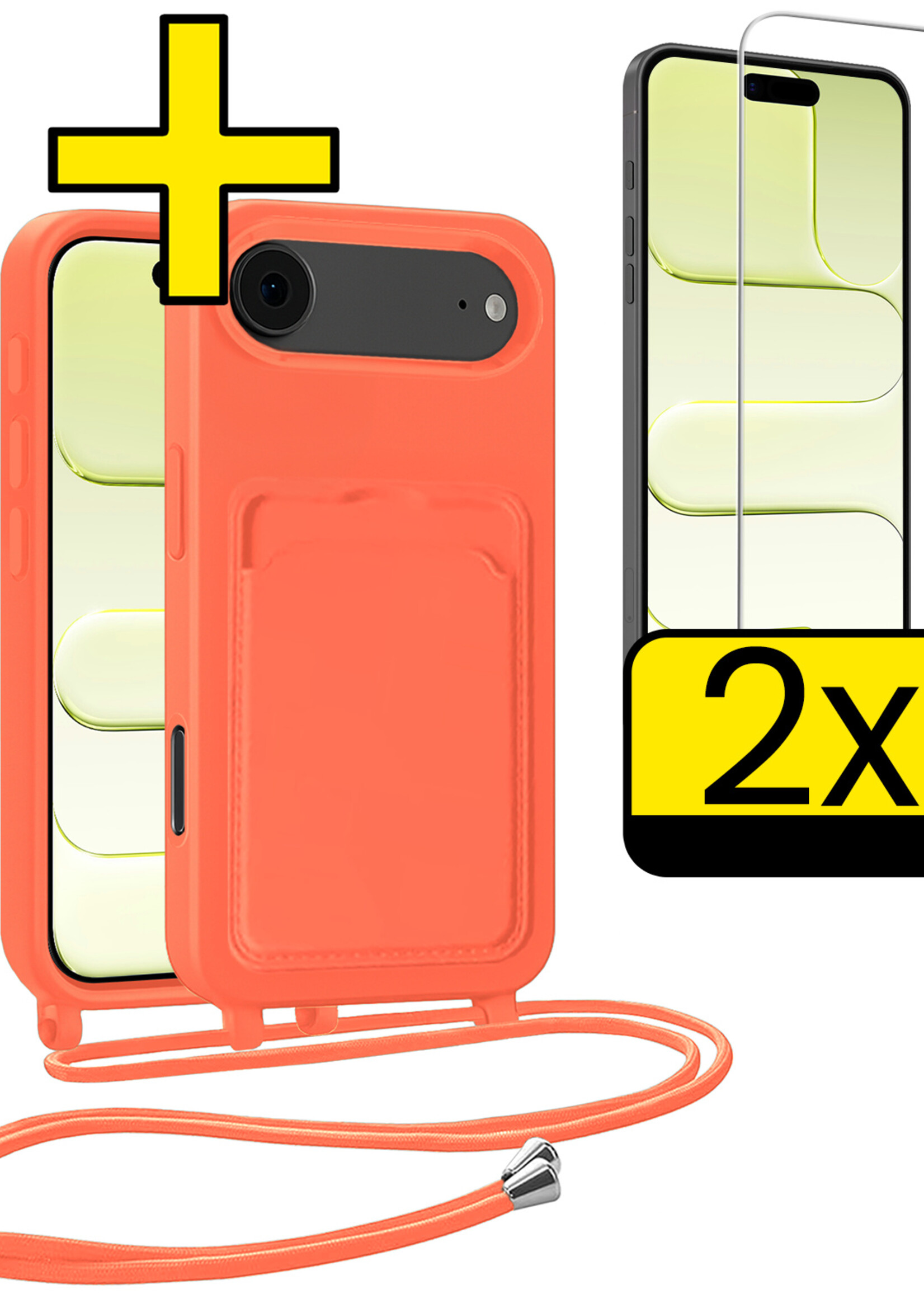 LUQ LUQ iPhone Air Hoesje Pashouder met Koord Met 2x Screenprotector - Papaya