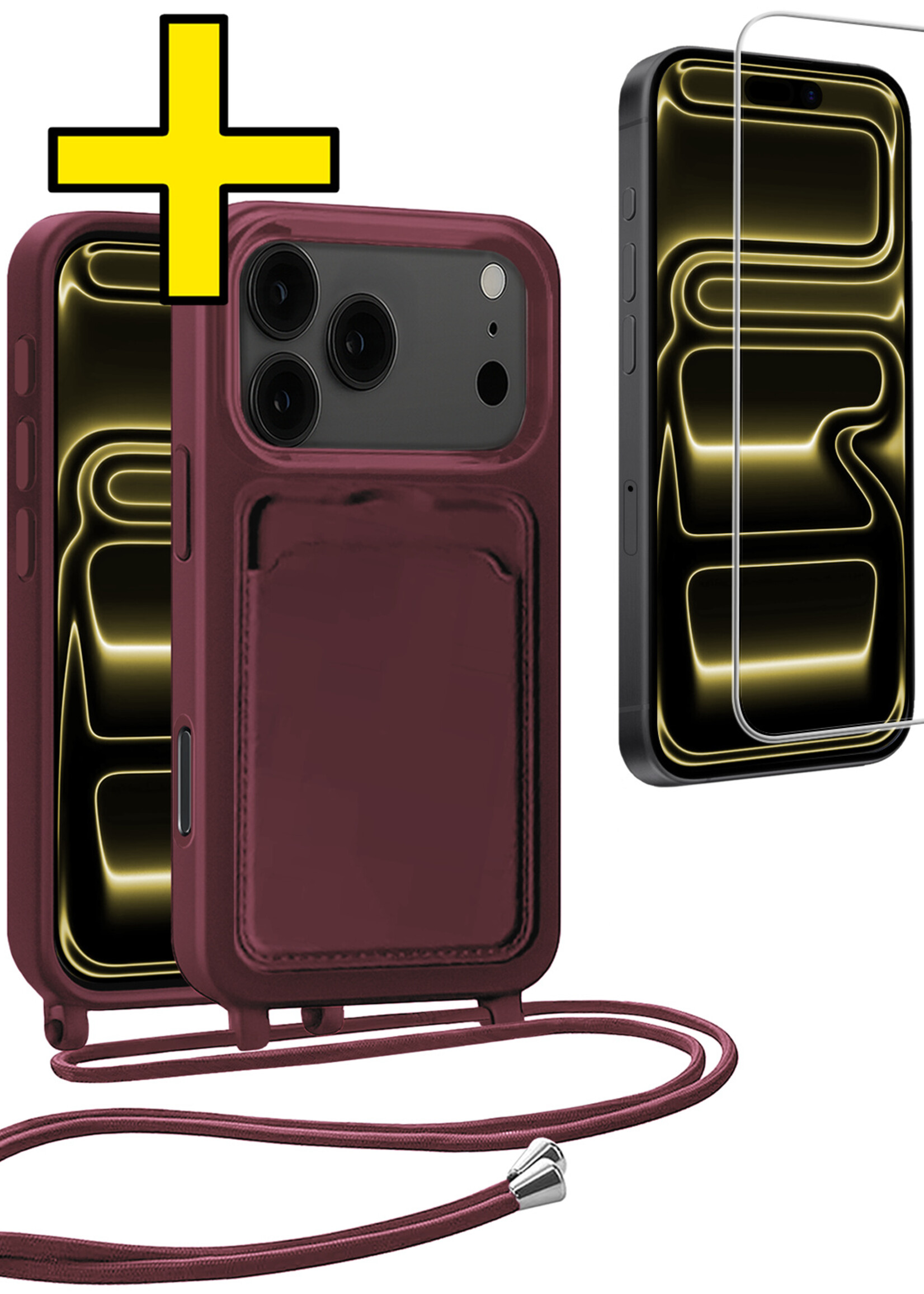 LUQ LUQ iPhone 17 Pro Hoesje Pashouder met Koord Met Screenprotector - Aubergine