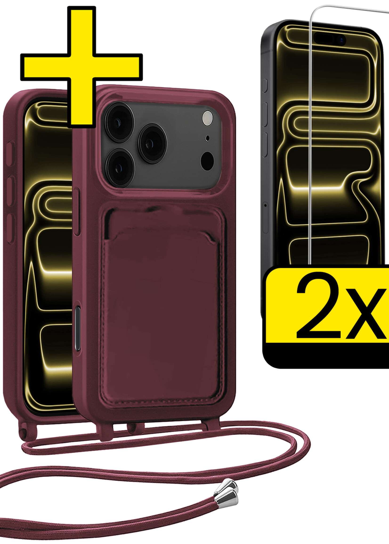 LUQ LUQ iPhone 17 Pro Hoesje Pashouder met Koord Met 2x Screenprotector - Aubergine