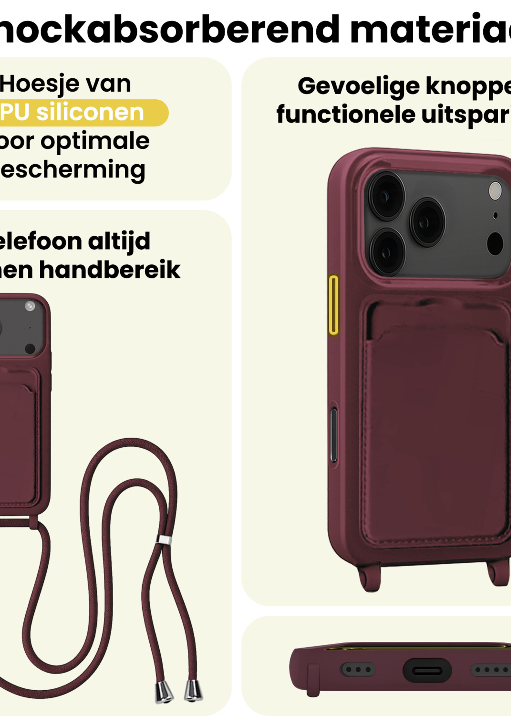 LUQ LUQ iPhone 17 Pro Hoesje Pashouder met Koord Met 2x Screenprotector - Aubergine