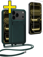 LUQ LUQ iPhone 17 Pro Hoesje Pashouder met Koord Met Screenprotector - Donkergroen