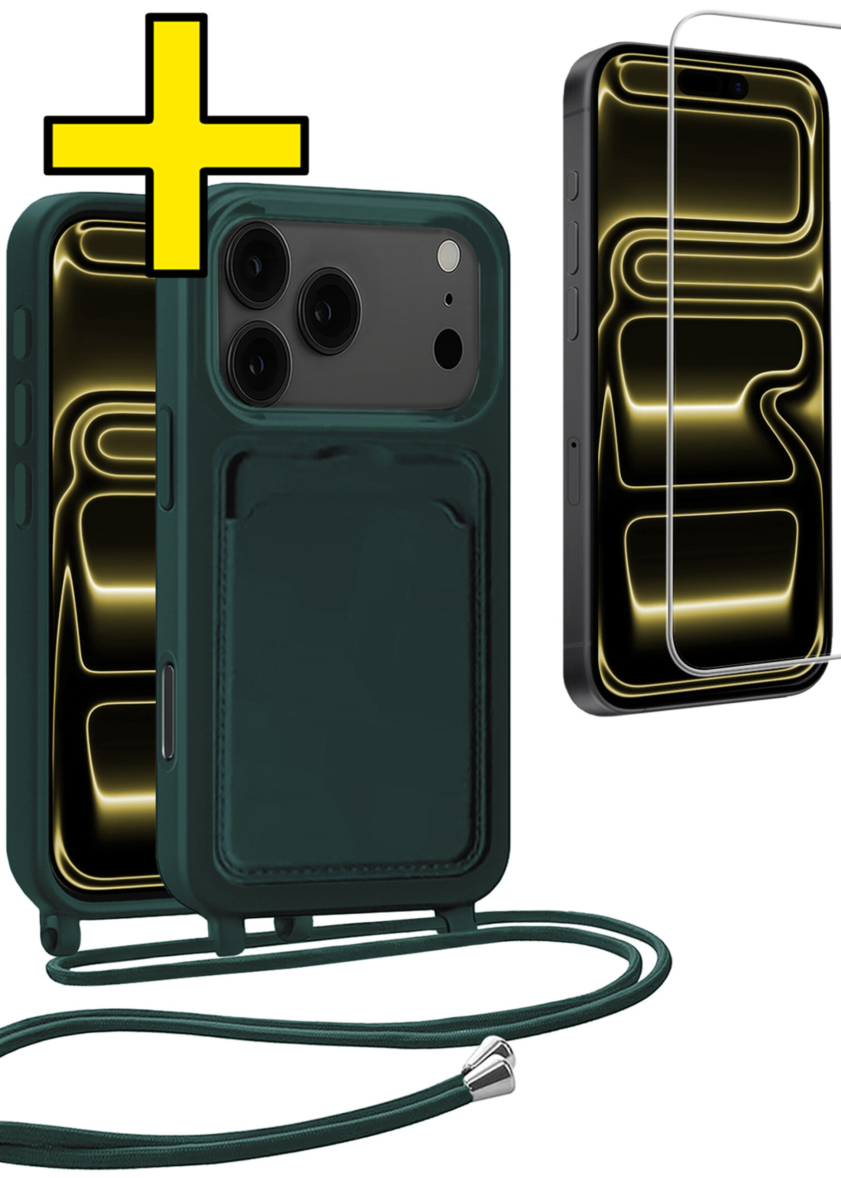 LUQ LUQ iPhone 17 Pro Hoesje Pashouder met Koord Met Screenprotector - Donkergroen