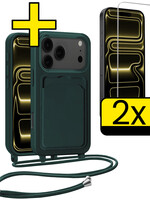 LUQ LUQ iPhone 17 Pro Hoesje Pashouder met Koord Met 2x Screenprotector - Donkergroen