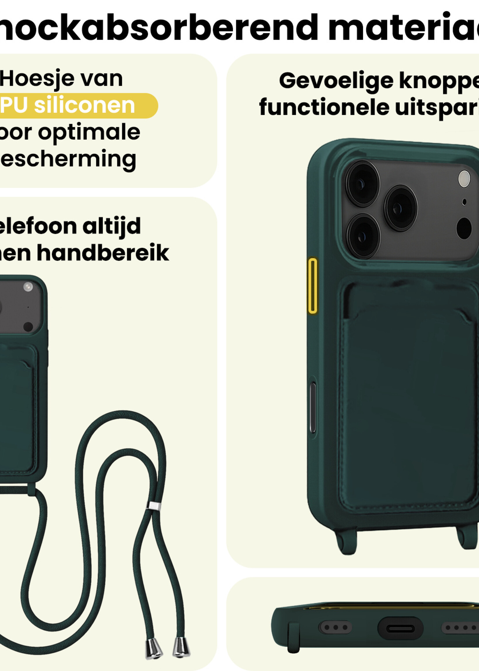 LUQ LUQ iPhone 17 Pro Hoesje Pashouder met Koord Met 2x Screenprotector - Donkergroen