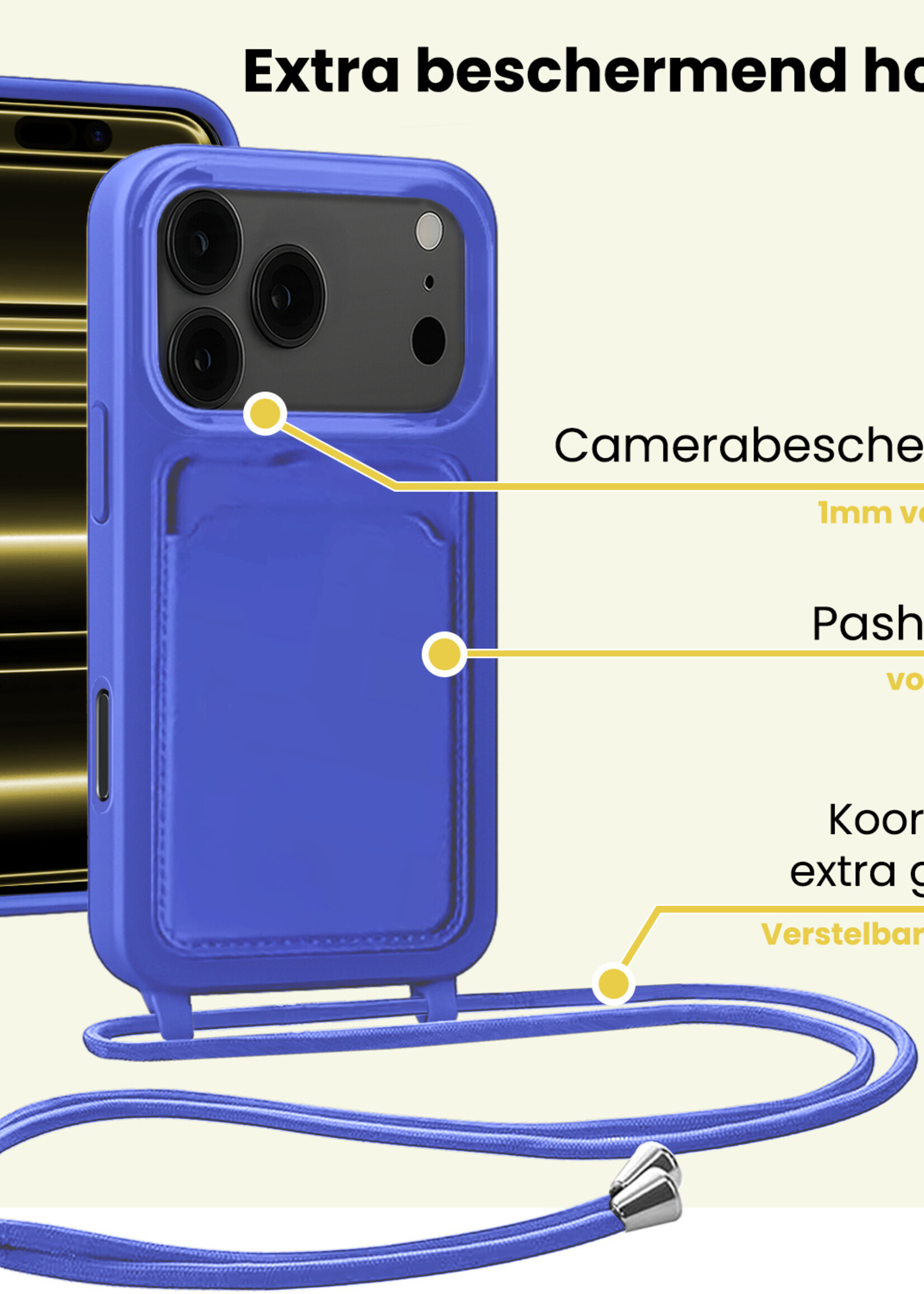 LUQ LUQ iPhone 17 Pro Hoesje Pashouder met Koord - Fel Blauw - 2 PACK