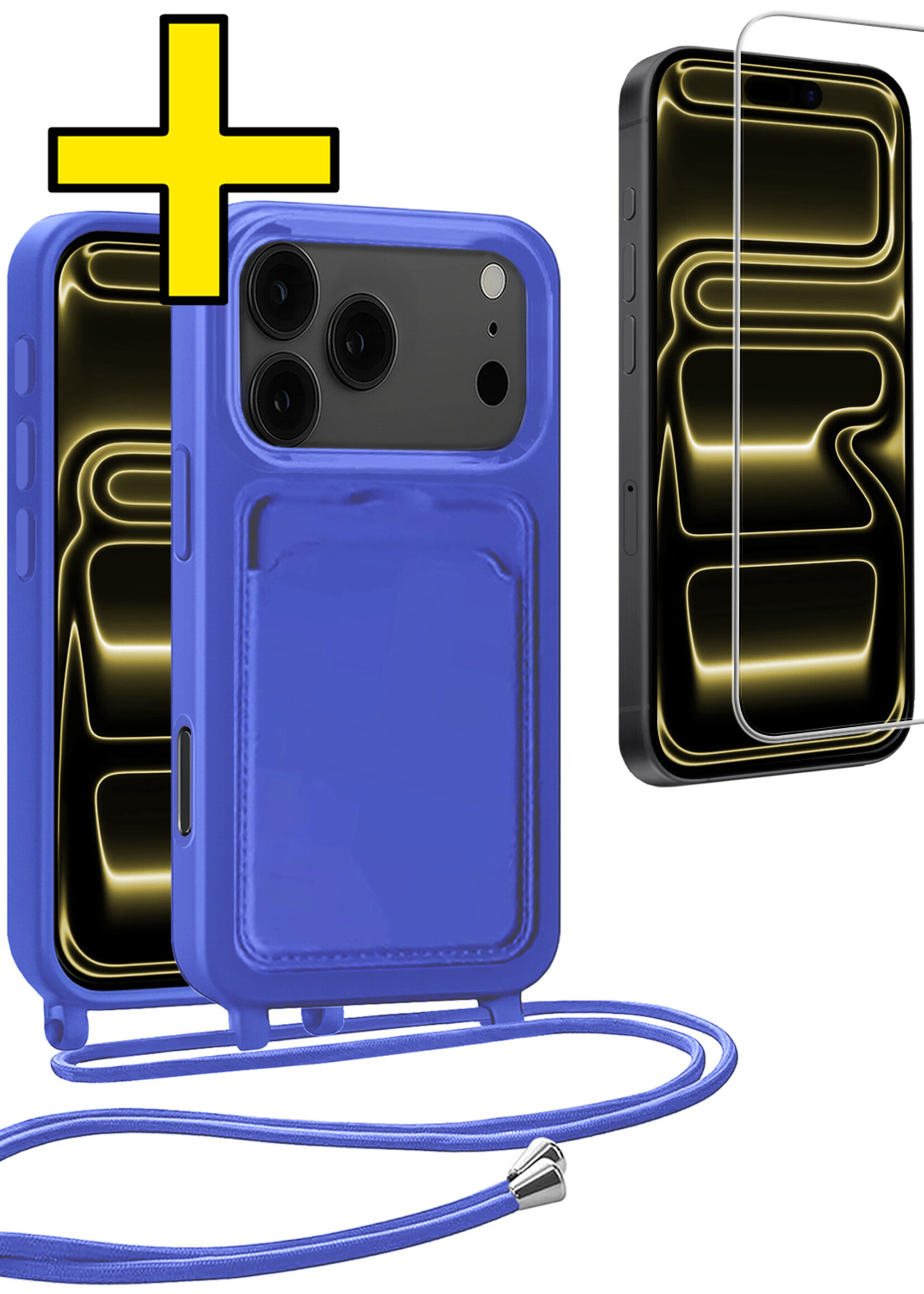LUQ LUQ iPhone 17 Pro Hoesje Pashouder met Koord Met Screenprotector - Fel Blauw