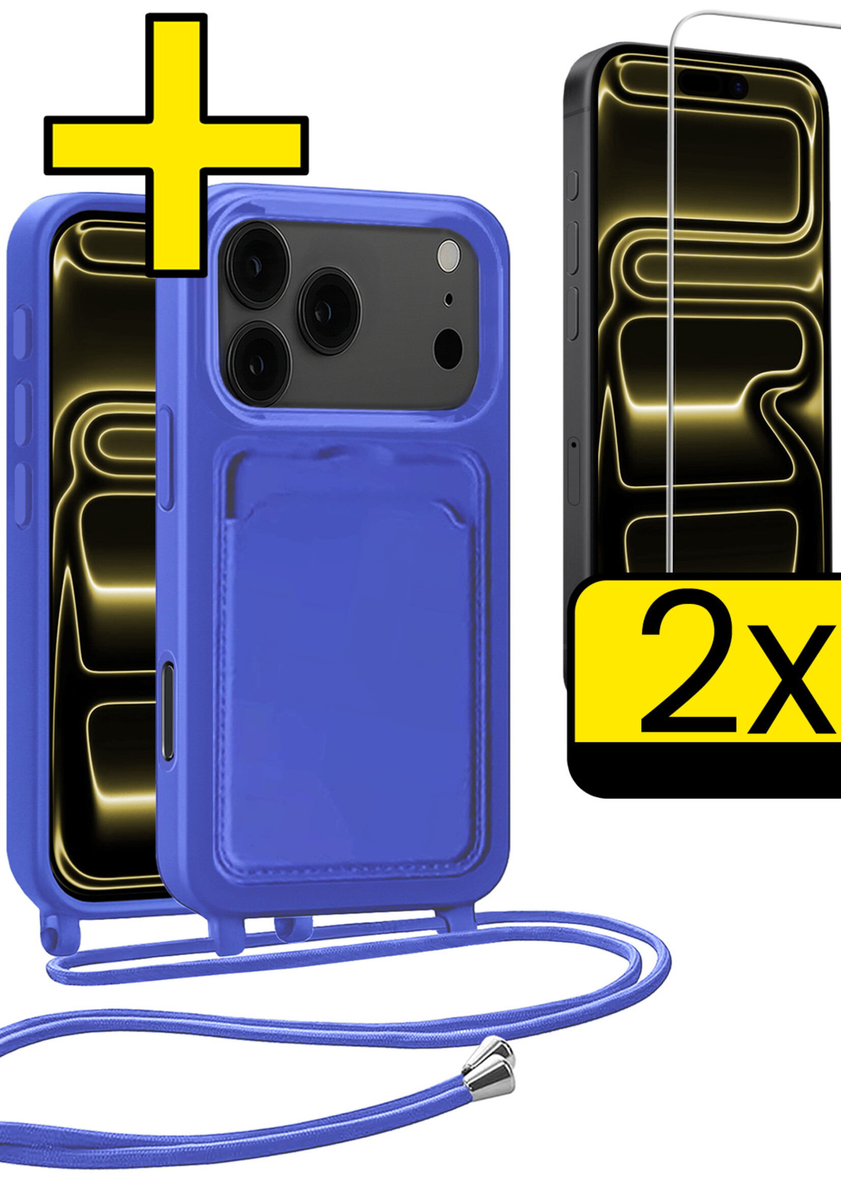 LUQ LUQ iPhone 17 Pro Hoesje Pashouder met Koord Met 2x Screenprotector - Fel Blauw
