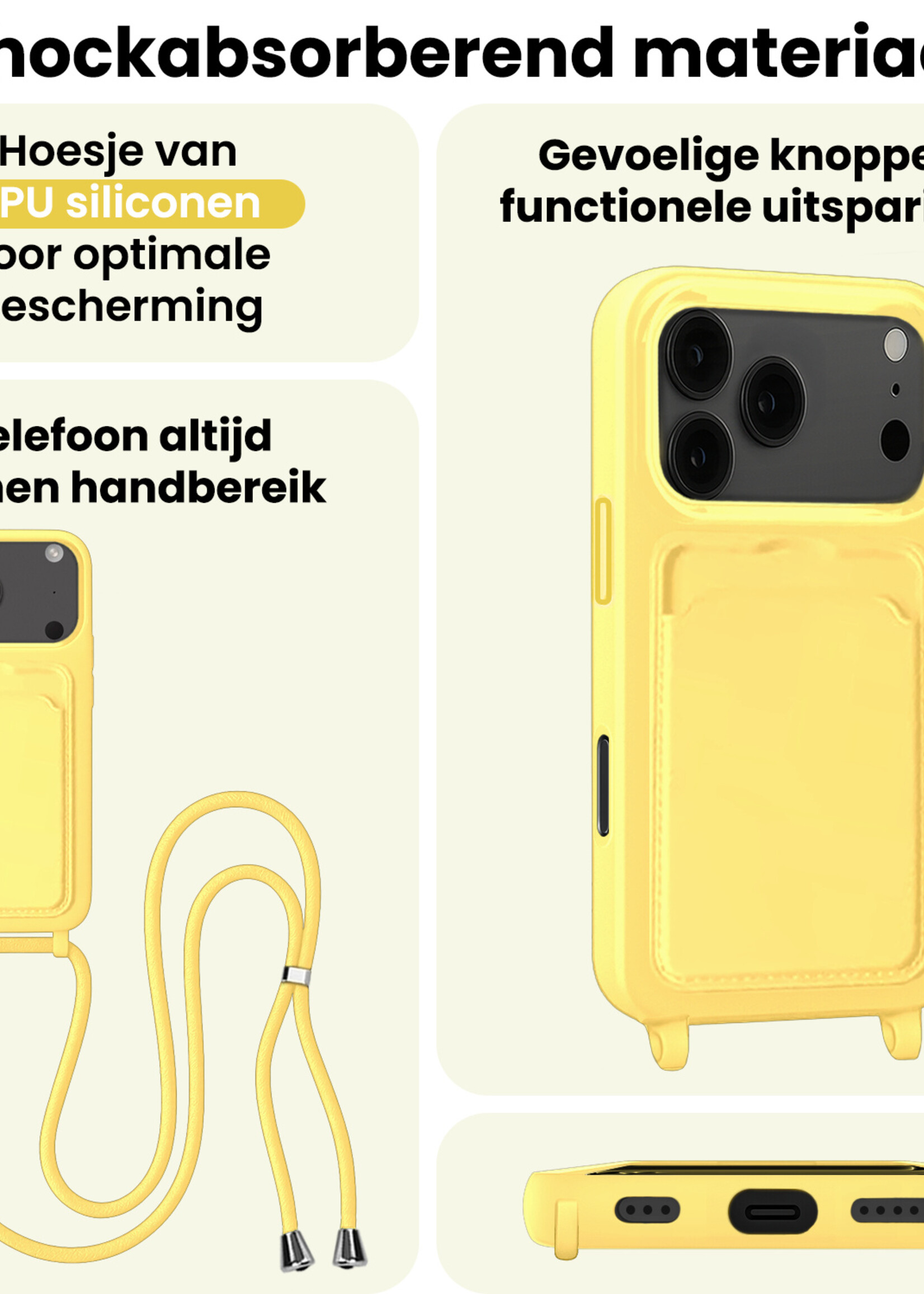 LUQ LUQ iPhone 17 Pro Hoesje Pashouder met Koord - Geel - 2 PACK