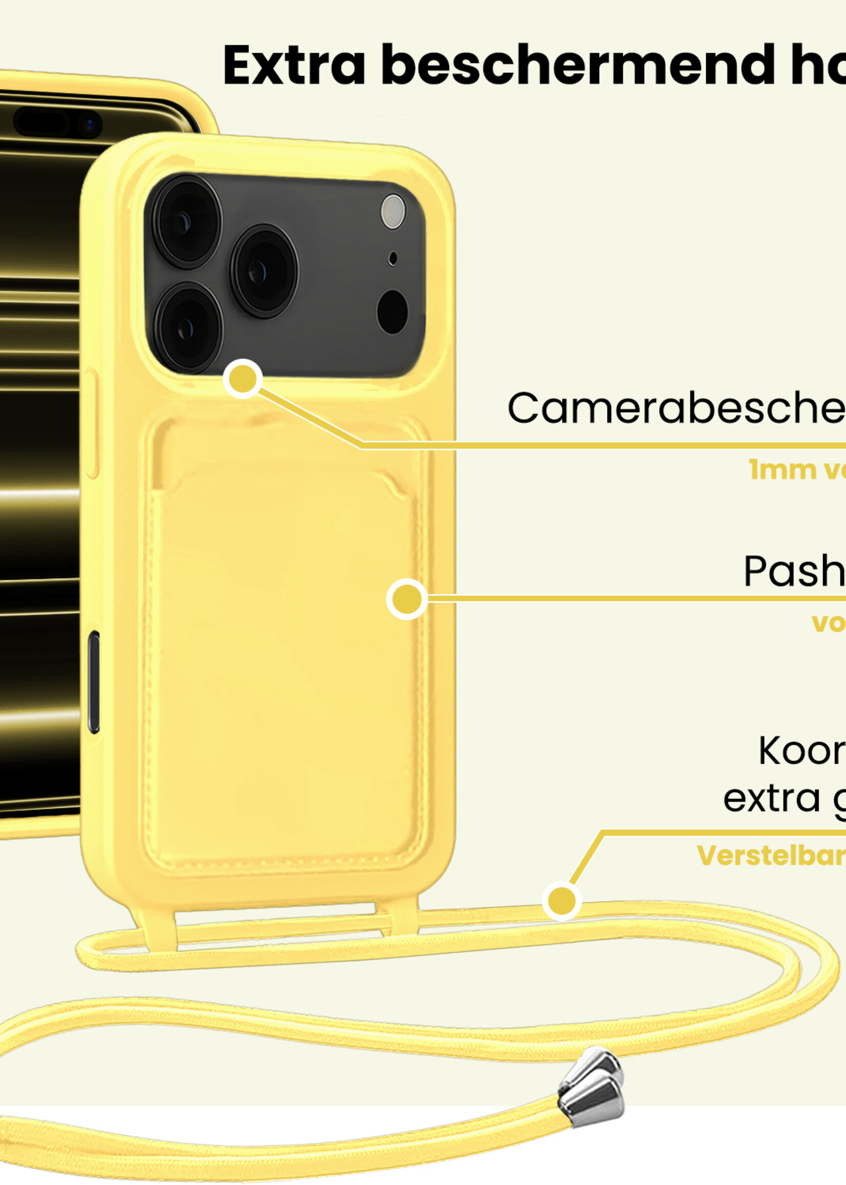 LUQ LUQ iPhone 17 Pro Hoesje Pashouder met Koord Met Screenprotector - Geel