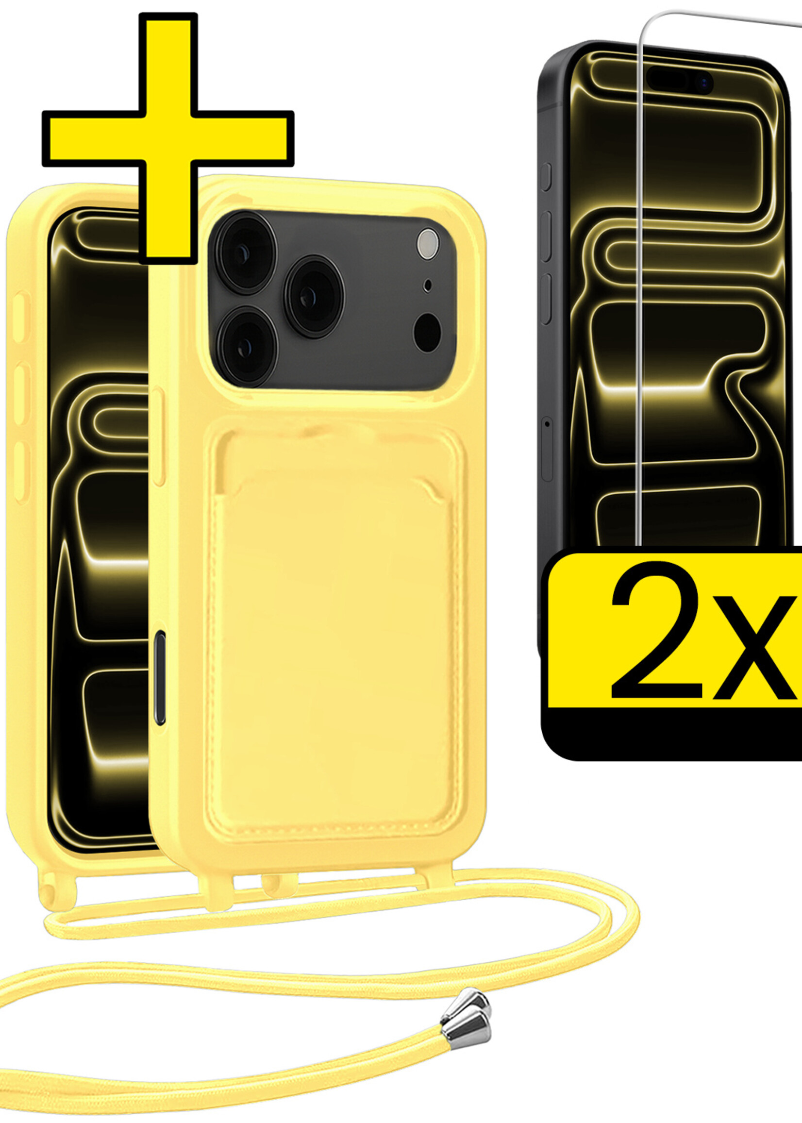 LUQ LUQ iPhone 17 Pro Hoesje Pashouder met Koord Met 2x Screenprotector - Geel