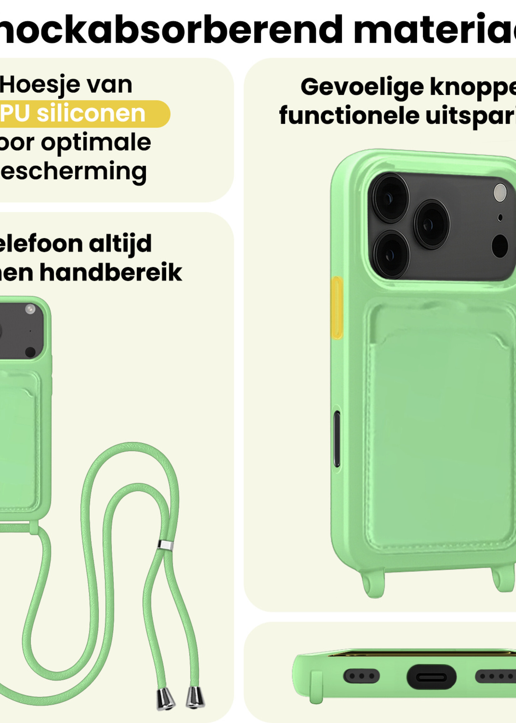 LUQ LUQ iPhone 17 Pro Hoesje Pashouder met Koord Met Screenprotector - Groen
