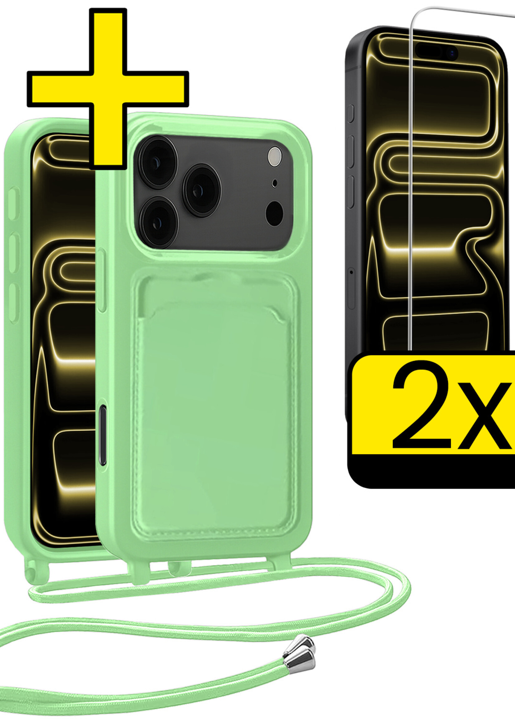 LUQ LUQ iPhone 17 Pro Hoesje Pashouder met Koord Met 2x Screenprotector - Groen