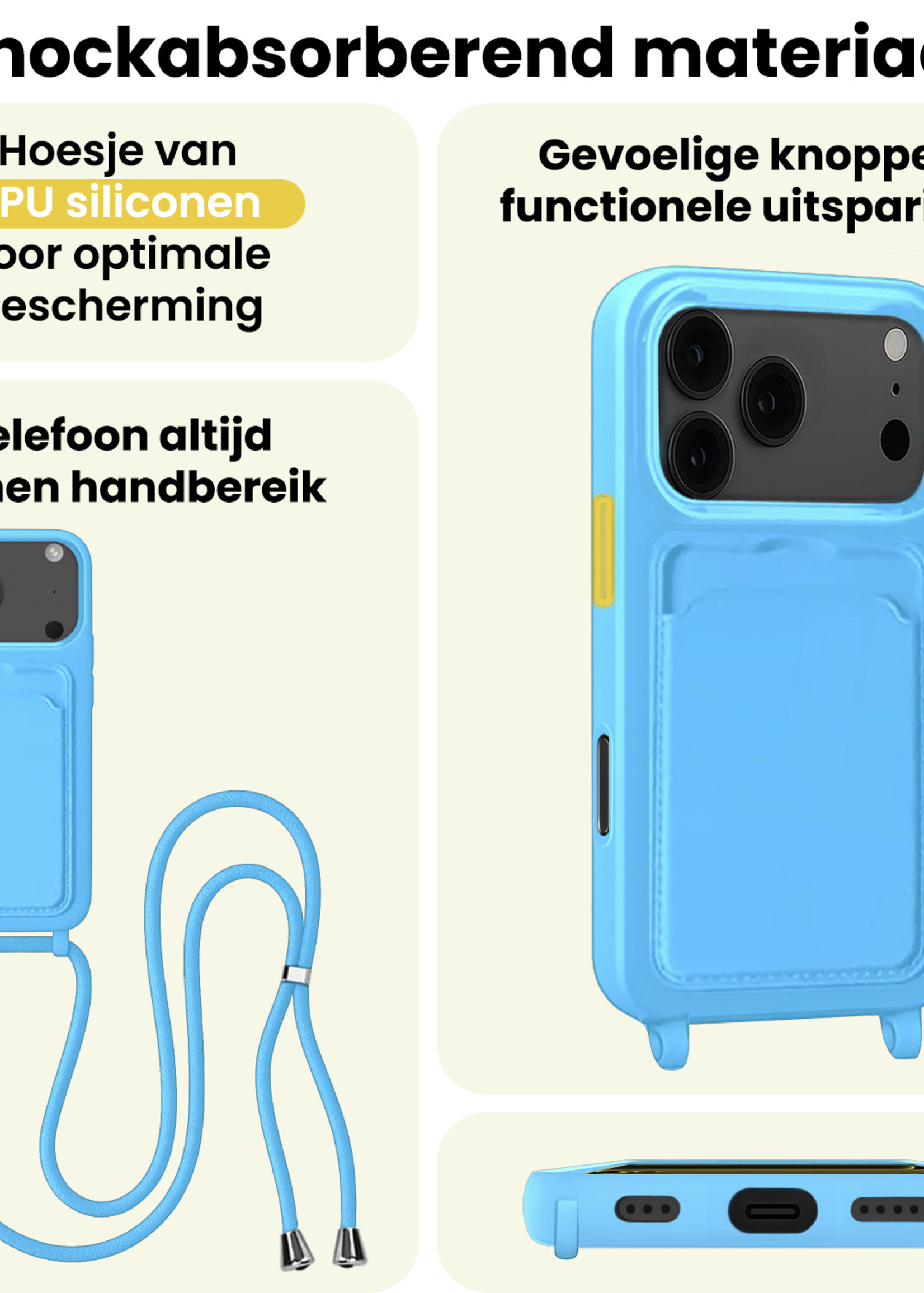 LUQ LUQ iPhone 17 Pro Hoesje Pashouder met Koord - Lichtblauw - 2 PACK