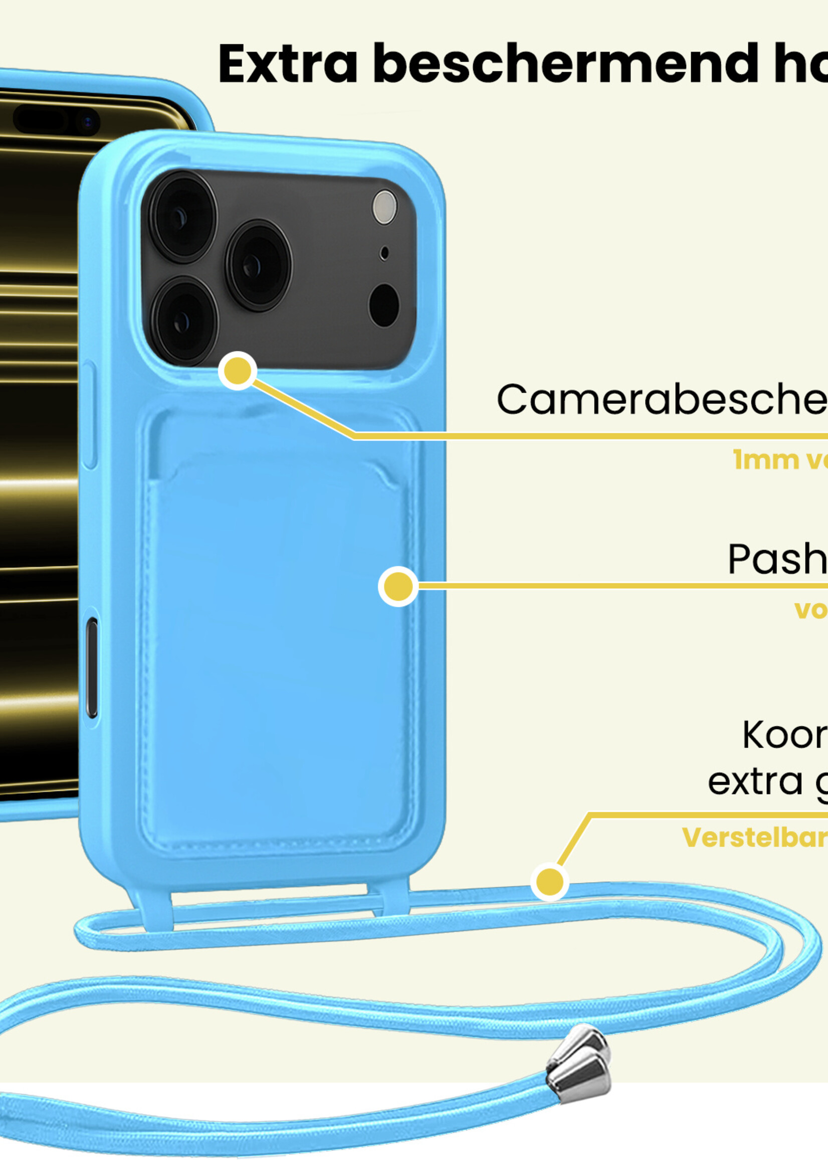 LUQ LUQ iPhone 17 Pro Hoesje Pashouder met Koord Met Screenprotector - Lichtblauw